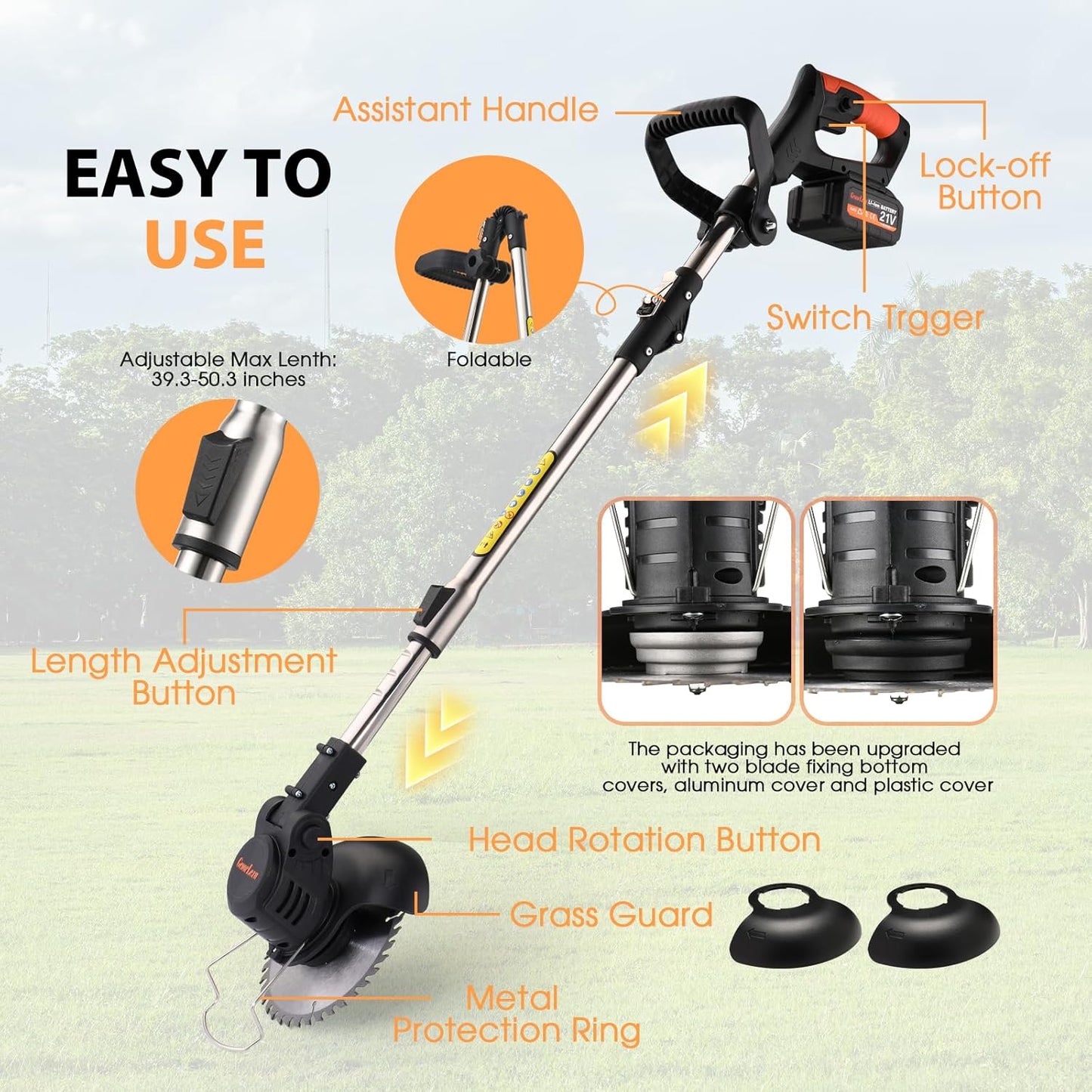 21V Electric Weed Eater, Cordless Brush Cutter Trimmer with Adjustable Pole & Battery-Powered, Lightweight & Low Noise, Foldable 3-in-1 Weed Wacker for Outdoor, Garden and Yard Use