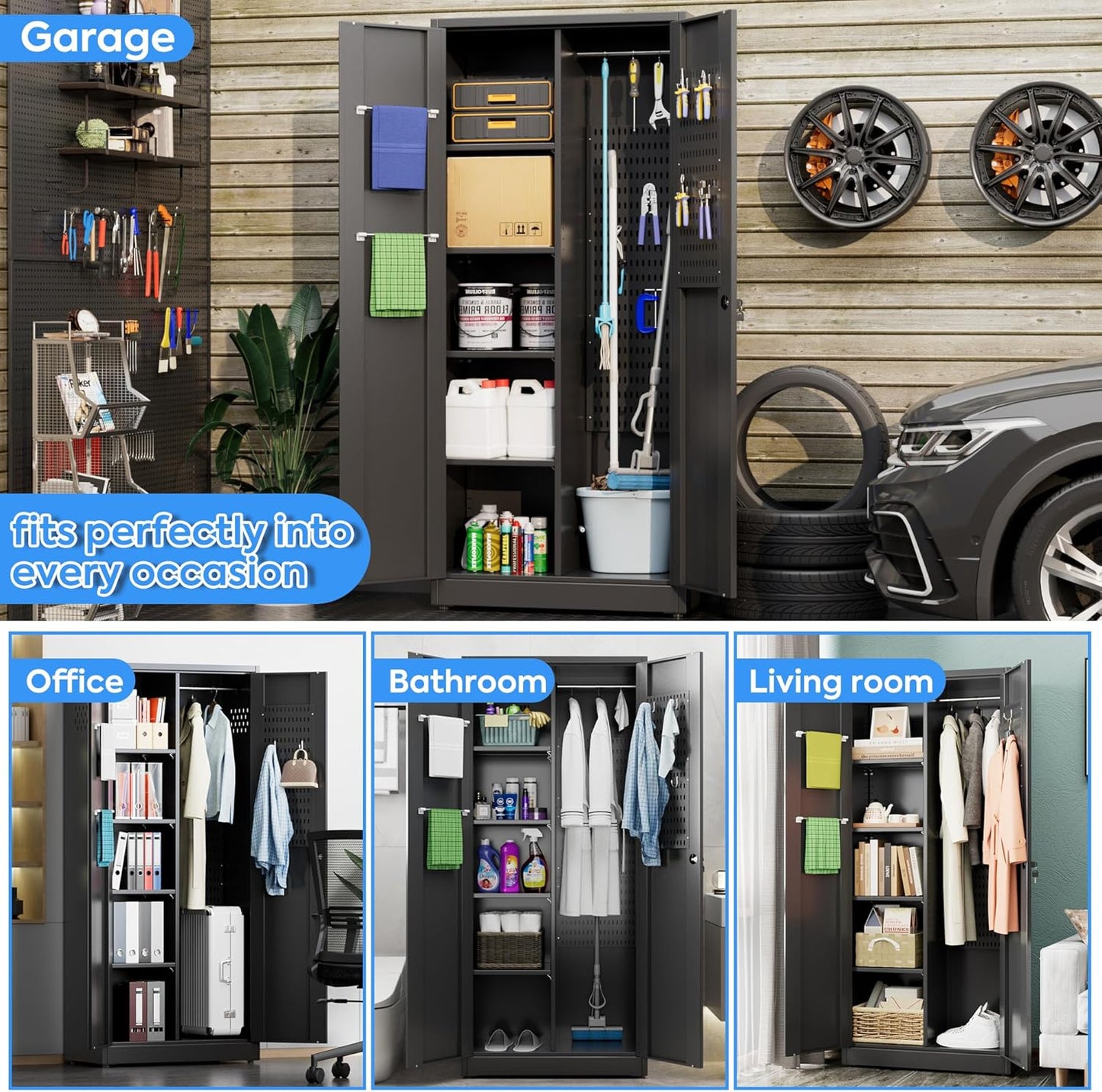 33.93 in Wide Garage Storage Cabinet, Metal Storage Cabinet with Pegboards and 4 Adjustable Shelves, Garage Storage System with Lockable Door for Offices, Gyms and Pantries, Black