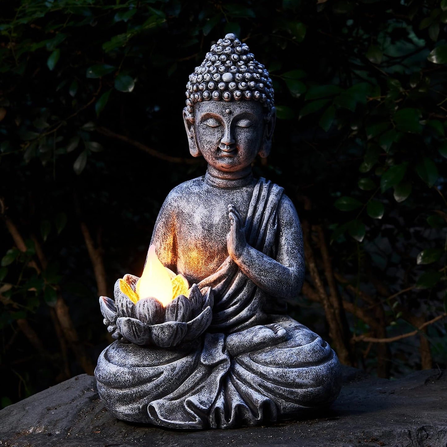 Solar Buddha Statue - Outdoor Zen Sculpture With Flickering LED Lotus Light - Waterproof Garden Decor Gift - 11.81 Inch