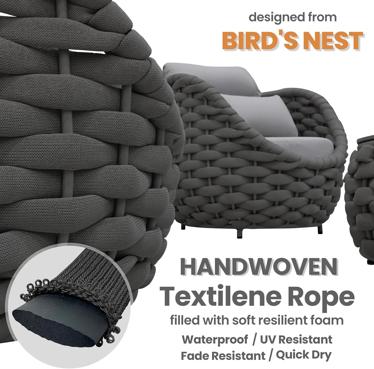 3 Pieces Woven Rope Patio Furniture Sofa Sets: Aluminum Outdoor Conversation Set of 2 - Assembled Modern Cushions Couch Armchair Table Set - All Weather for Indoor Deck Porch Pool Hotel