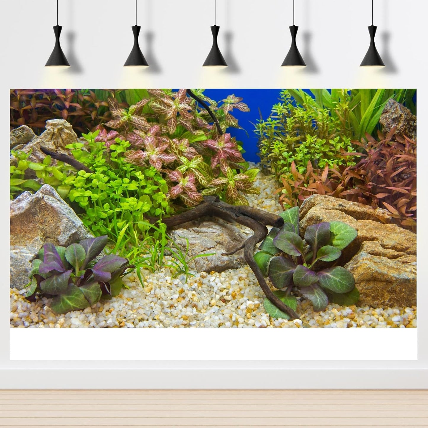 Aquarium Background Various Underwater Grass Plants Pebble Aquarium Backdrop Vivid and Fresh Green Aquatic Plants Stone River Bed and Dead Wood Purple Leaves Tank Background Vinyl 48x20in
