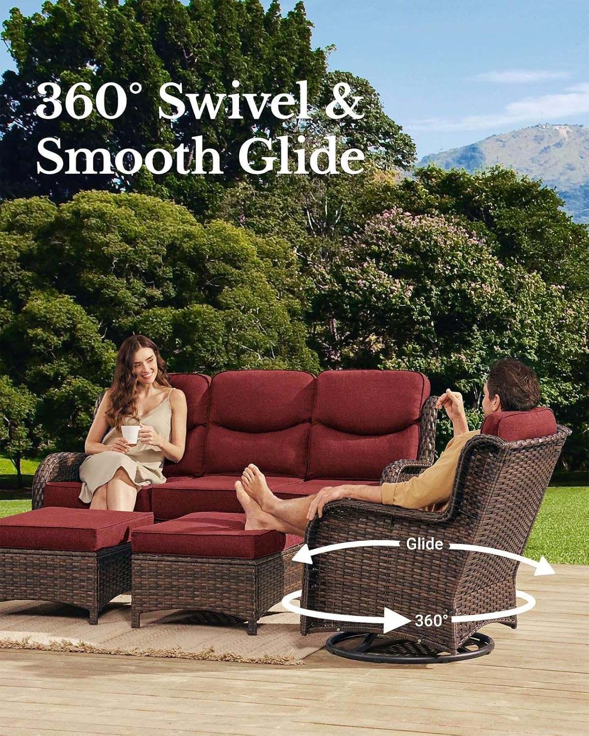 HILLGA Luxury Patio Furniture Set with 6-inch Thick Cushion, Outdoor Couch and High Back Swivel Rocker Patio Chairs, 8PCS Wicker Conversation Set for Deck Yard and Poolside, Burgundy (V2)