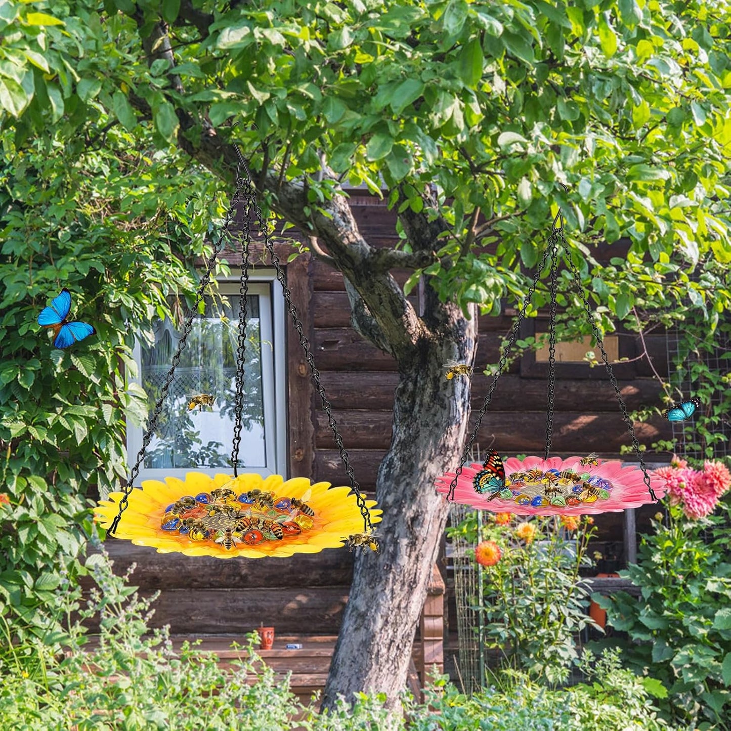 Bee Watering Station for Garden, Bee Bath Feeders for Outside with Vivid Flower Design, Hanging Butterfly Bath Bowl with Glass Balls for Outdoor Courtyard Decoration (1Pcs-Yellow)