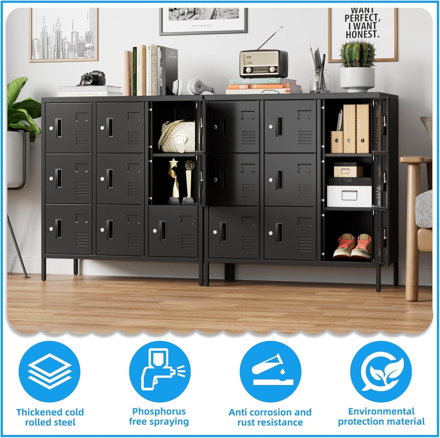 METAN Metal Locker with Padlock and Keys for School Office Gym Bedroom, 9 Doors Black Steel Storage Locker Cabinet for Employees Industrial Storage,Assembly Required