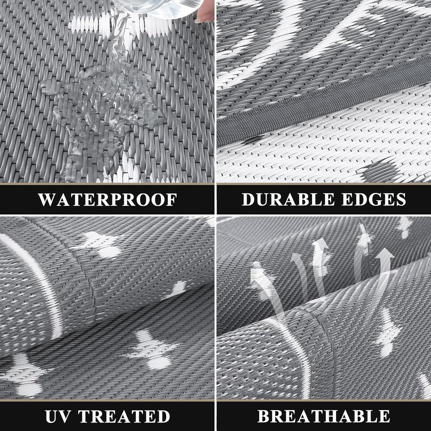 Pauwer Waterproof Outdoor Rug 8x10, Reversible Plastic Straw Patio Camping Rug, Indoor Outdoor RV Mat Carpet for Deck, Camper, Porch, Balcony, Backyard, Picnic, Bordered Grey