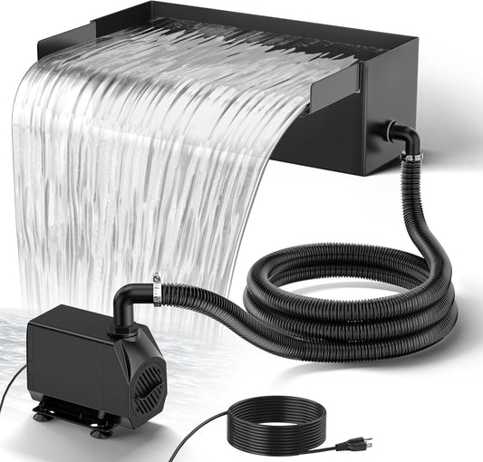 NFESOLAR Pond Waterfall Spillway Kit for Outdoor Pond up to 2000 Gallons, Includes 12.2" W Stainless Steel Pond Waterfall Box, 660GPH Ultra-Quiet Water Pump, 10FT Corrugated Tubing N4311