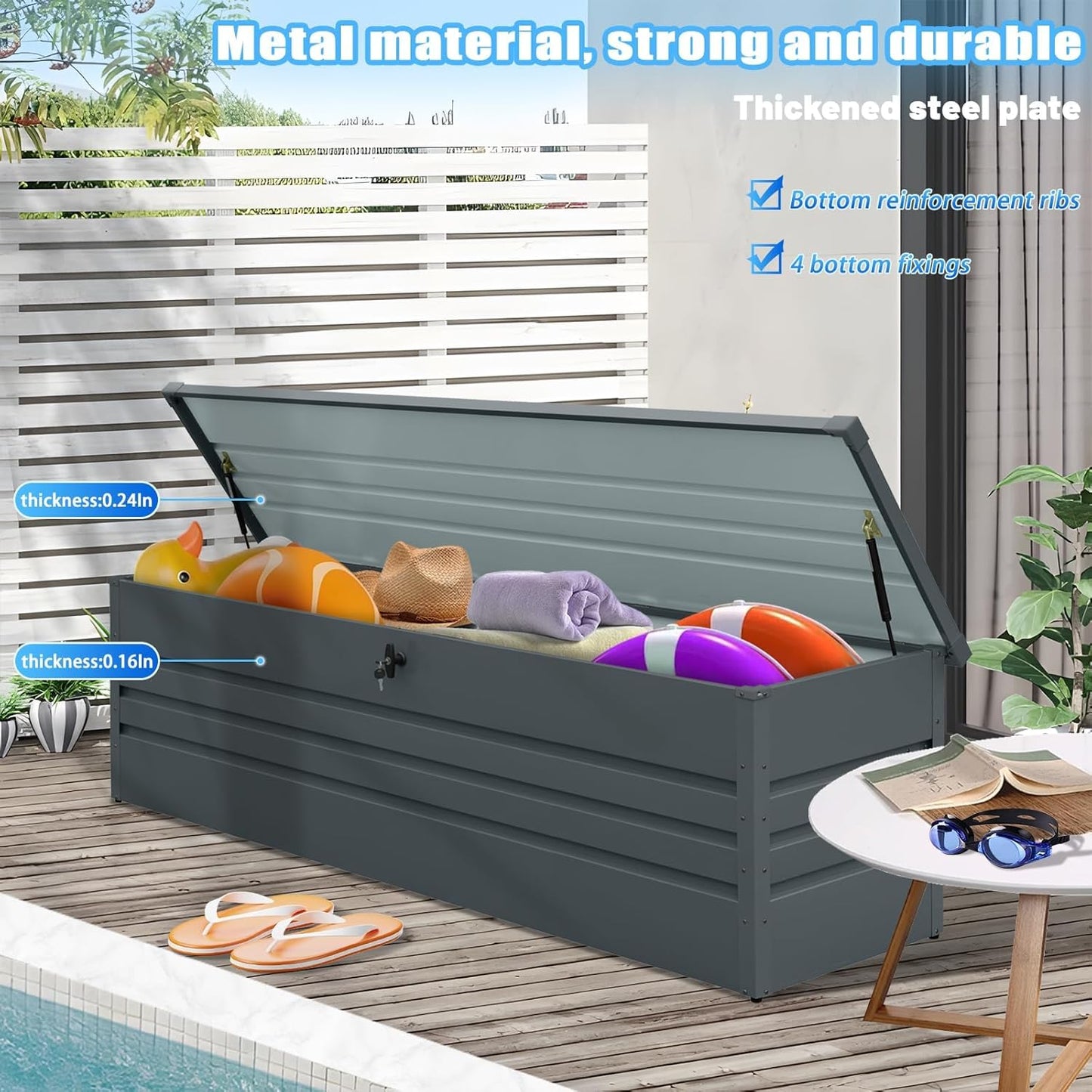 260 Gallon Outdoor Storage Box Waterproof, Extra Large Metal Deck Box and Patio Cushion Box for Storing Gardening Tools, Pool Supplies