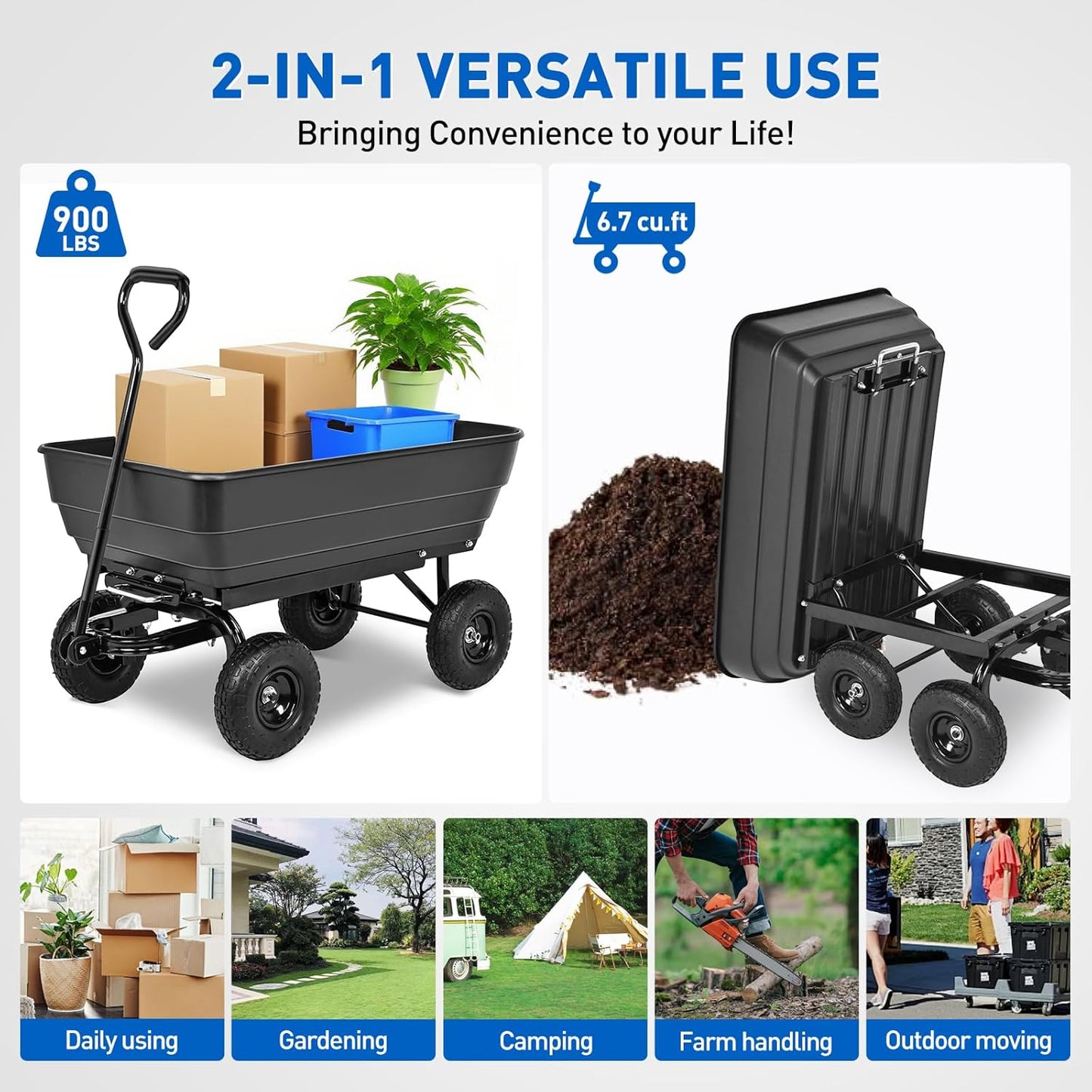 Yesker Garden Carts - 900lbs Dump Wagon with All Terrain Inflatable Wheels for Yard Lawn Farms Gardening - Heavy Duty Utility Outdoor Hauling Wheelbarrow