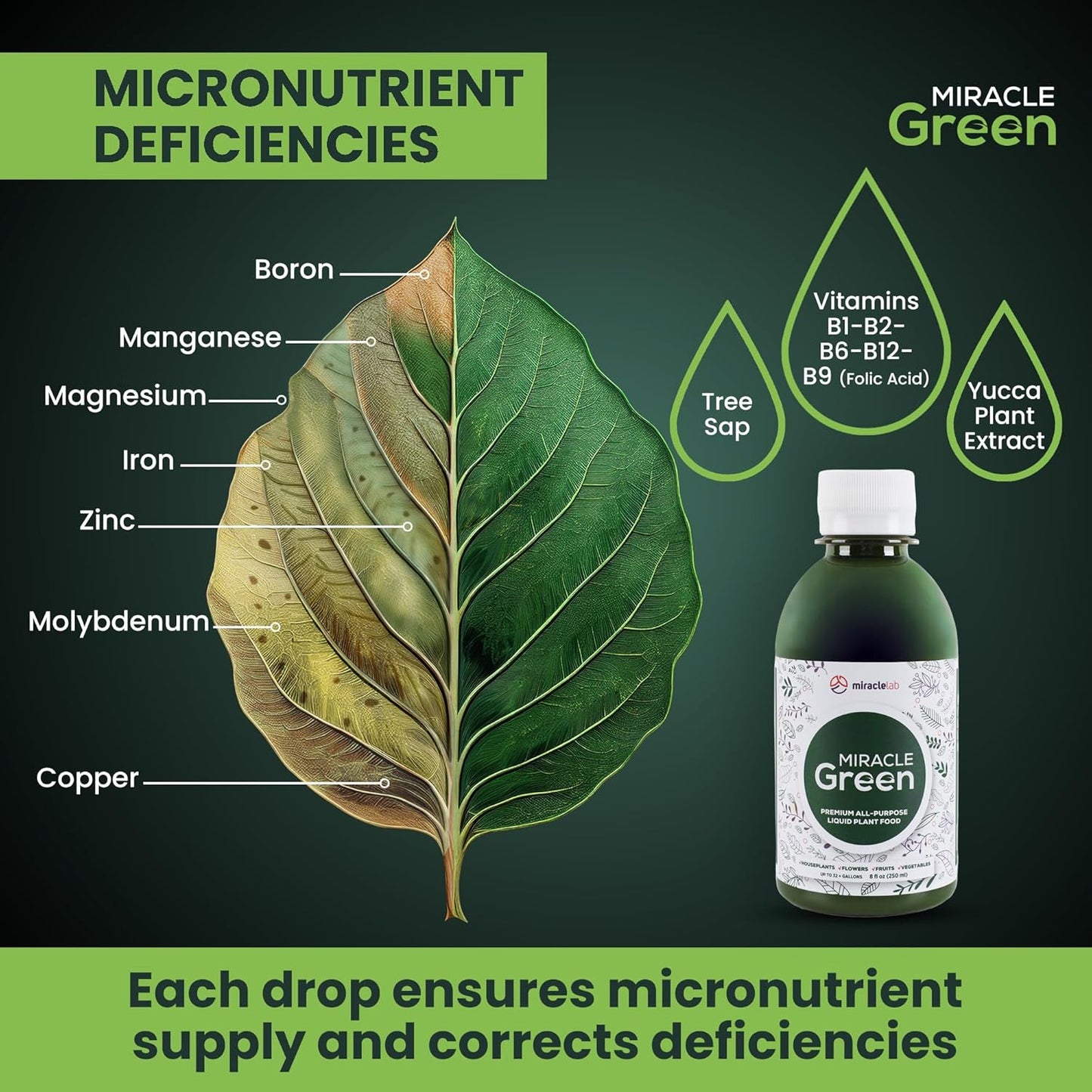 Miracle Green Fast-Acting Liquid Fertilizer- Special Formula with Tree Sap & Yucca Plant Extract - All-Purpose Fertilizer for Houseplants, Flowers, Fruits, Vegetables & Trees (8 oz Plant Food)