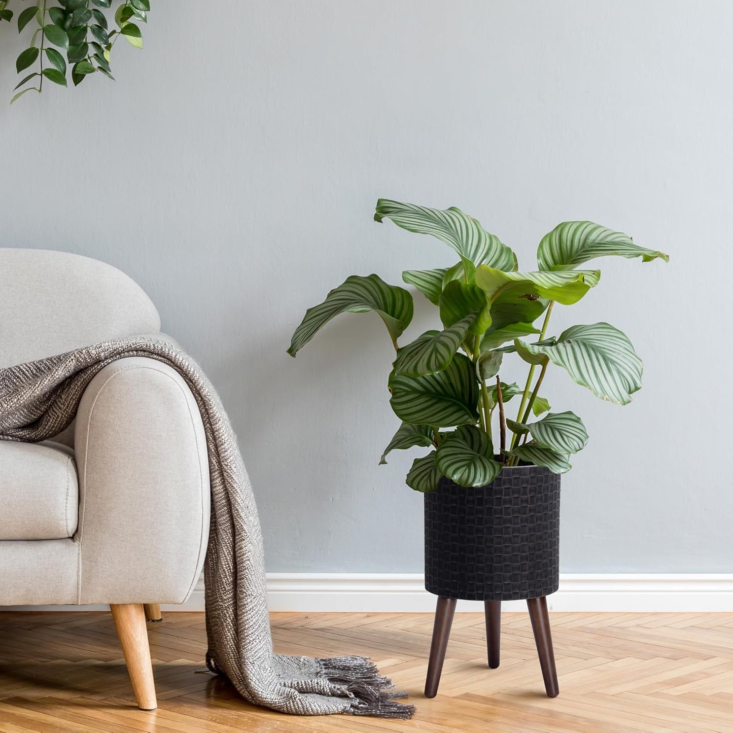 D'vine Dev 10 Inch Modern Geometric Tile Patterned Sleek Planter Pot with Stand, Indoor Outdoor Decorative Plant Holder, Distressed Black, 88-Z-B-5