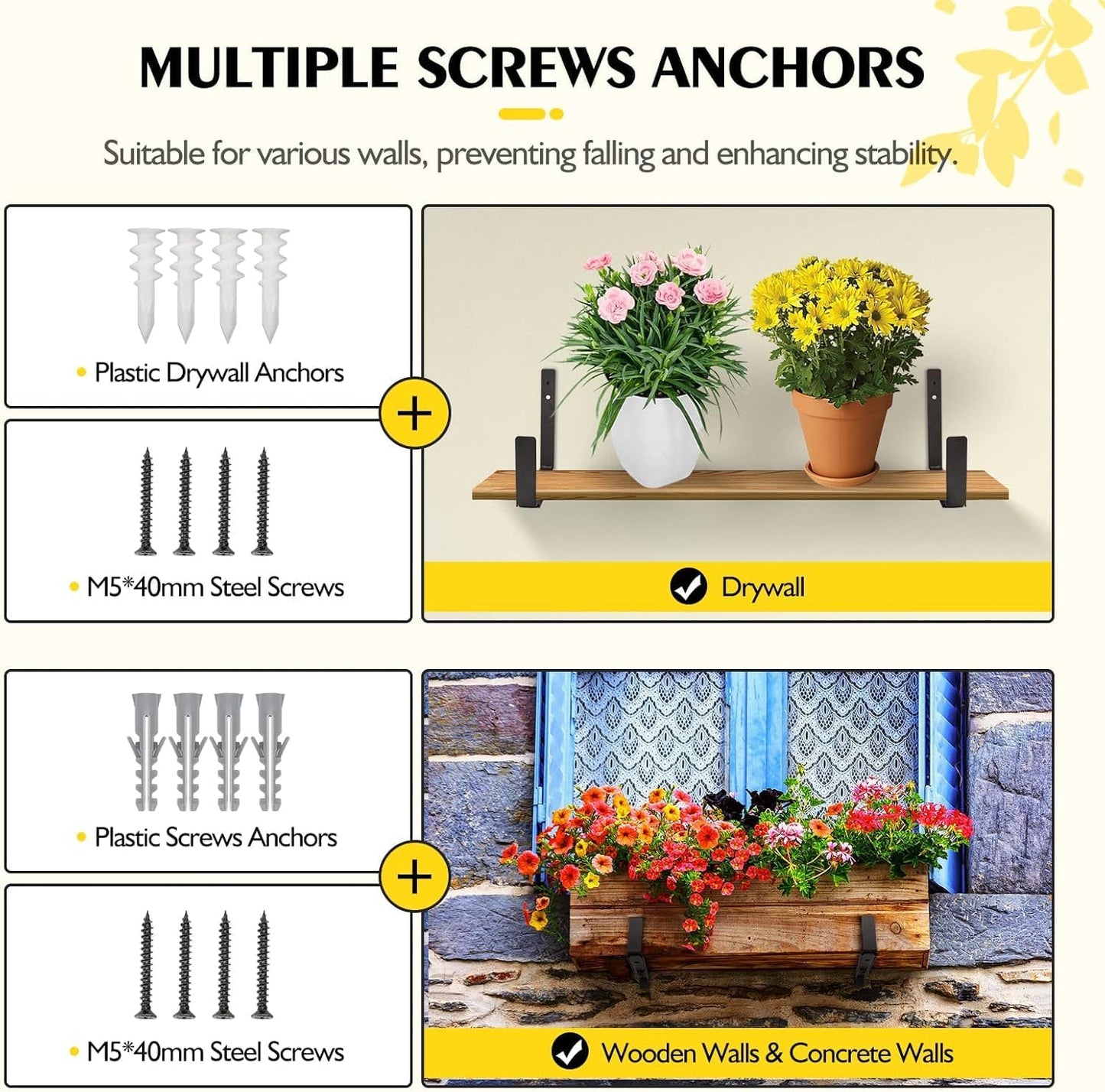 LukLoy Window Planter Box Brackets, 2 Pack Adjustable Heavy Duty Wall Mount Window Flower Boxes Outdoor with Bracket (6 to 12 in), with 70lbs Capacity, Black