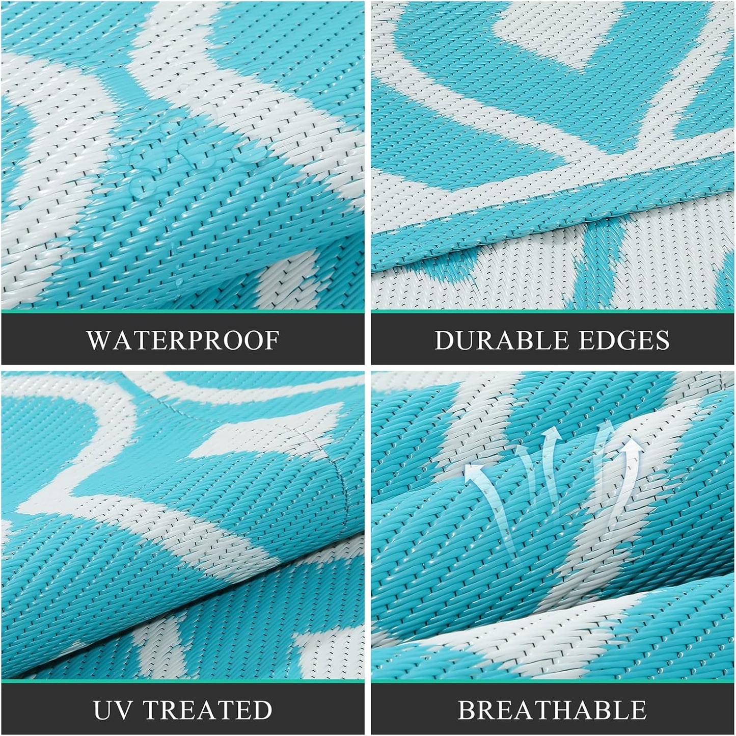 Pauwer Waterproof Outdoor Rug 6x9, Reversible Plastic Straw Patio Camping Rug, Indoor Outdoor RV Mat Carpet for Deck, Camper, Porch, Balcony, Backyard, Picnic, Geometric Teal