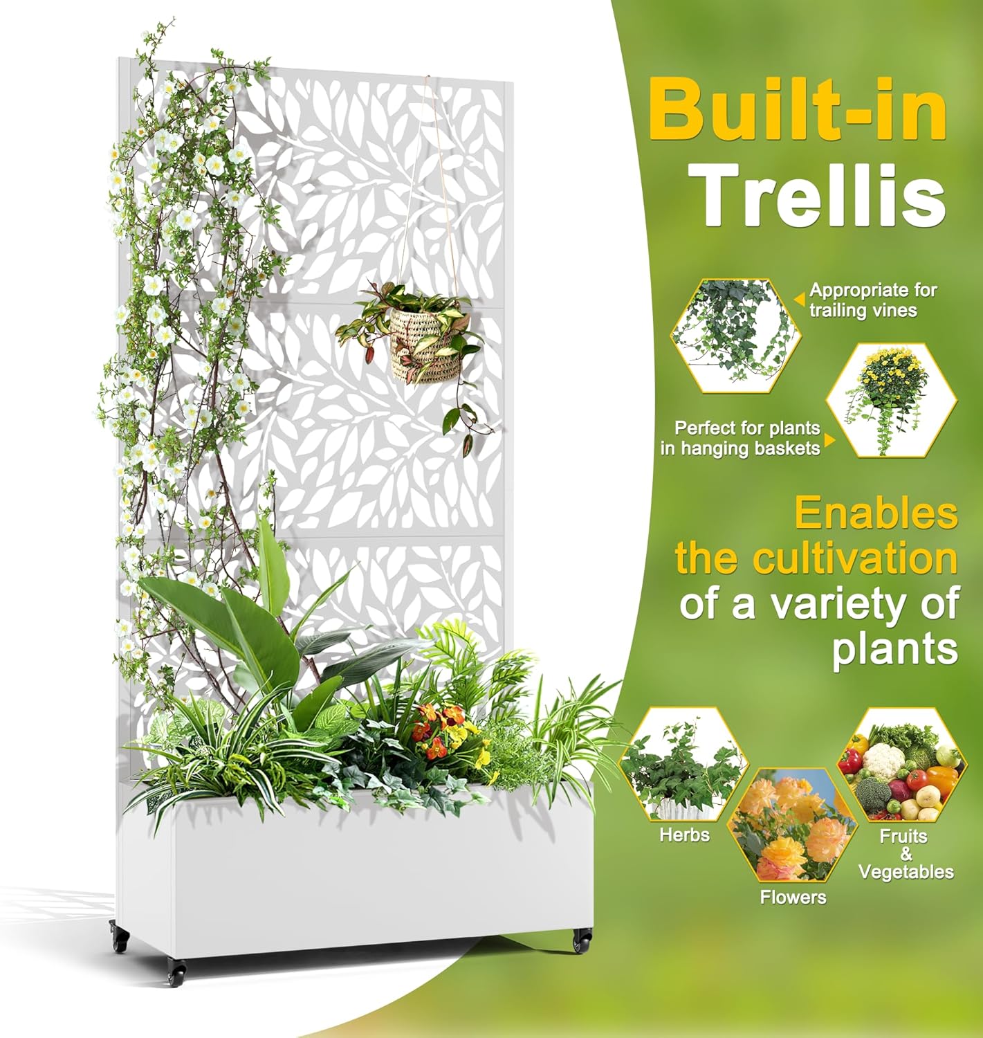 FENCY Metal Raised Garden Bed with Wheels and Trellis,73"x35"x16" Planter Box for Climbing Plants, Vegetables & Vines, Features Privacy Screen and Drainage Holes (White-Leaf-2)