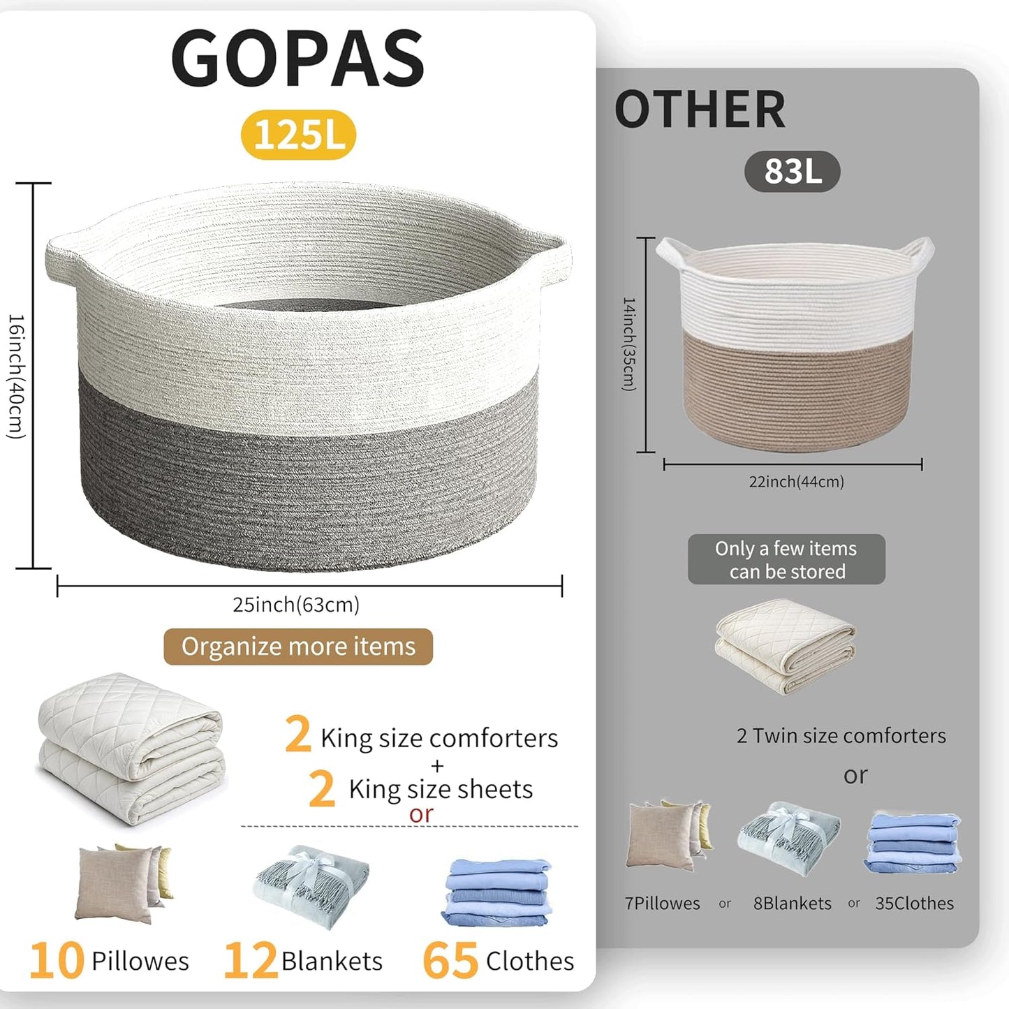 125L Extra Large Blanket Basket, 25" x 16", Jumbo Laundry Woven Baskets Decorative Home, Cotton Rope Basket with Handles, Baby Toy Baskets for Storage, White & Gray