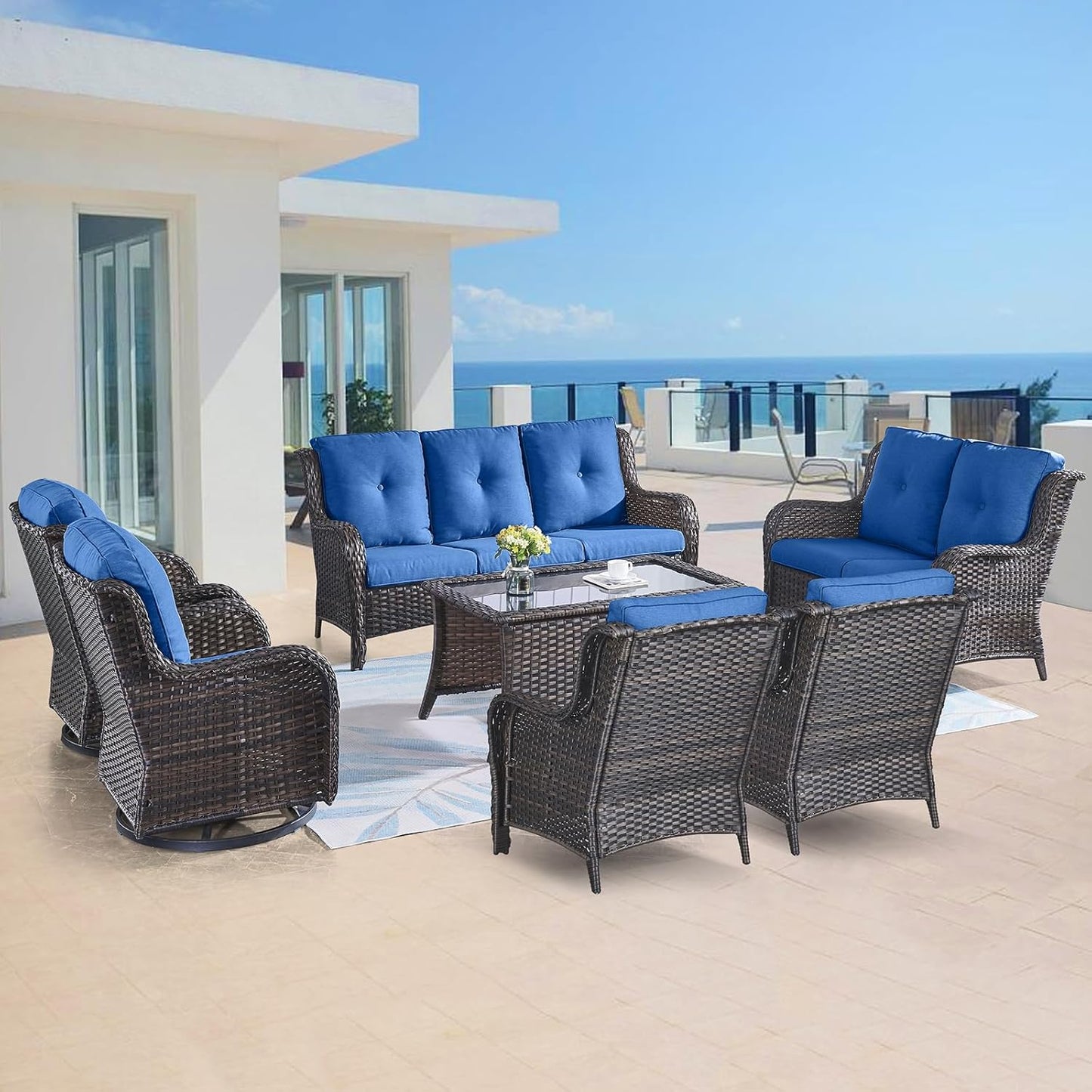 Outdoor Wicker Furniture Patio Set - 7 Piece Backyard Furniture Brown Rattan Conversation Sets with Swivel Rocker Chairs, Rattan Sofa, Club Chairs and Coffee Table, Blue Cushion