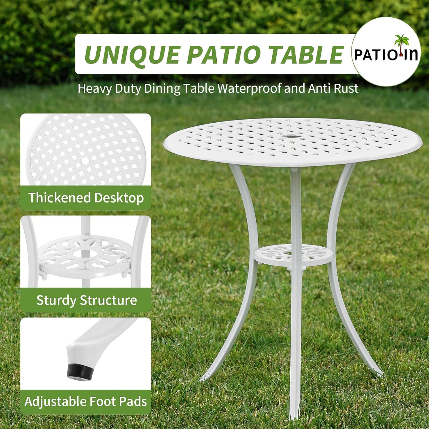 3 Piece Outdoor Bistro Set, Cast Aluminum Outdoor Bistro Table and Chairs Set of 2, Rust-Resistant Patio Furniture Set, White Bistro Set 3 Piece Outdoor for Garden, Backyard, Balcony