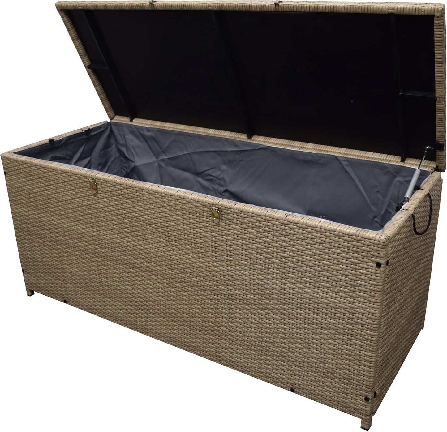Oakland Living Tan Indoor and Outdoor Balcony Patio Deck Porch Pool 113 Gallon Wicker Storage Box Trunk Bin with Metal Frame
