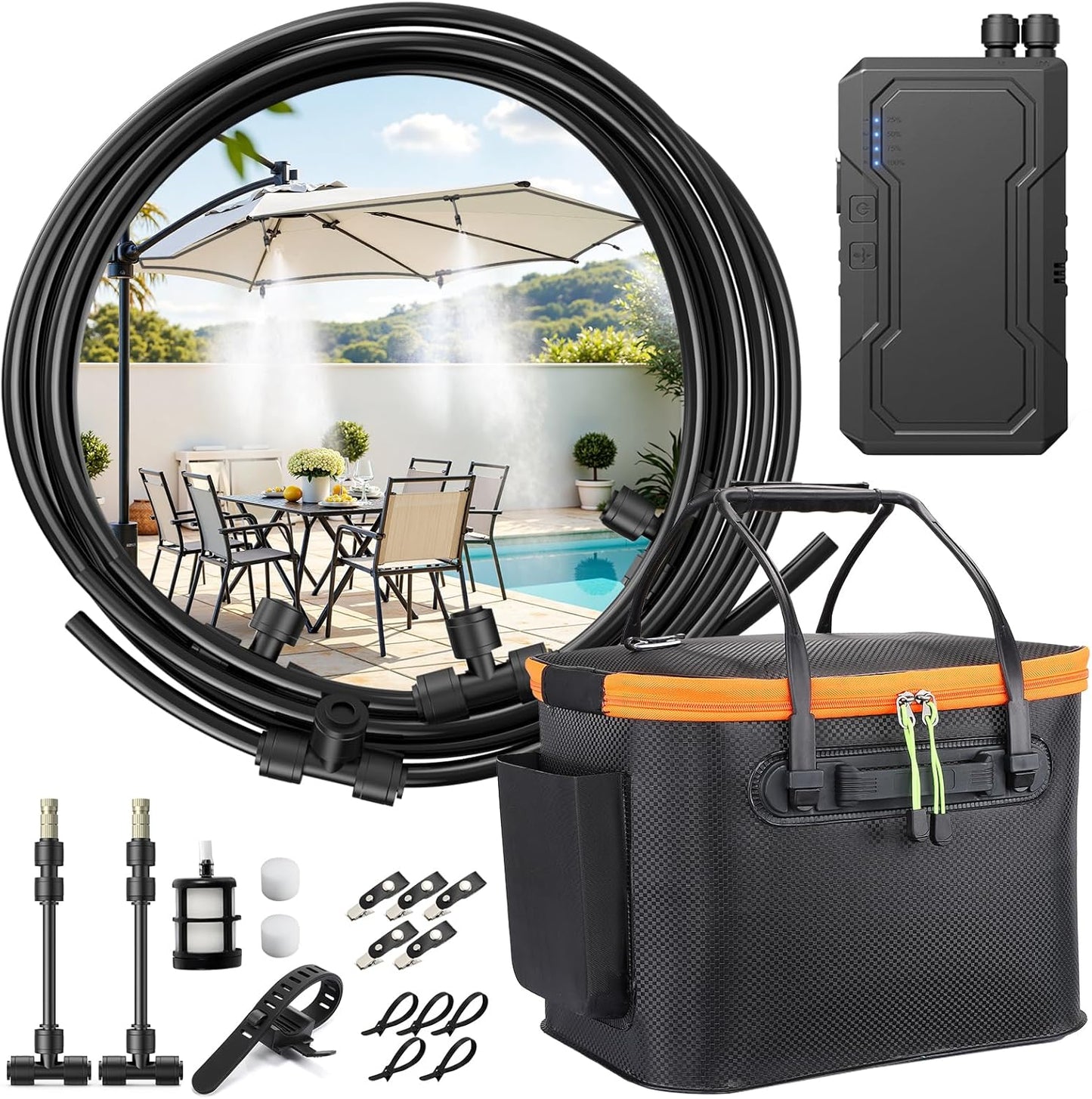 Ausic Portable Misting Systems, Outdoor Water Cooling Misters Set with 6000mAh Water Pump, 20L Bucket, 26FT (8M) Hose, 6*Nozzles, 10*Clips/Ties for Patio/Umbrella/Pasture/Greenhouse/Canopy/Camping