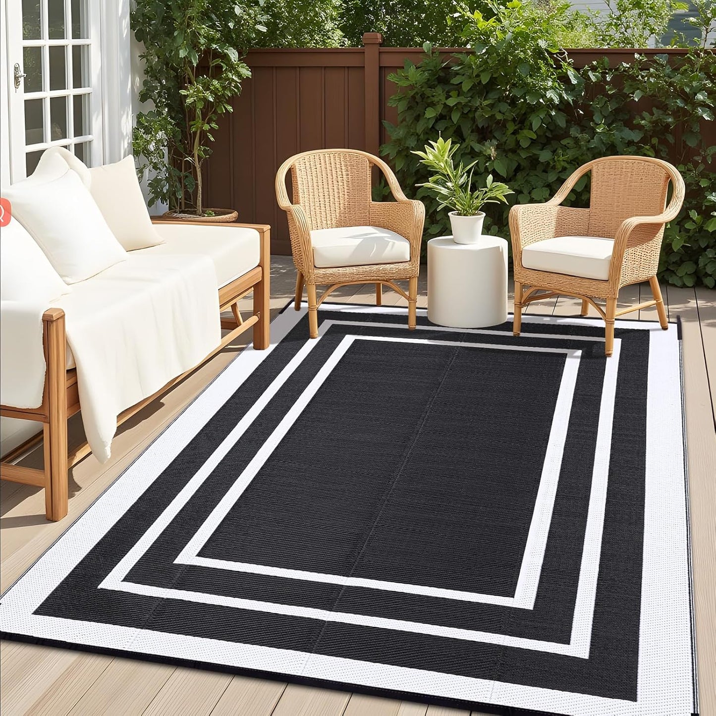 OLANLY Outdoor Rug 6x9 ft Waterproof, Reversible Outdoor Plastic Straw Rug, RV Mat, Indoor Outdoor Carpet Clearance for Patio, Camping, Balcony, Deck, Backyard, Black & White