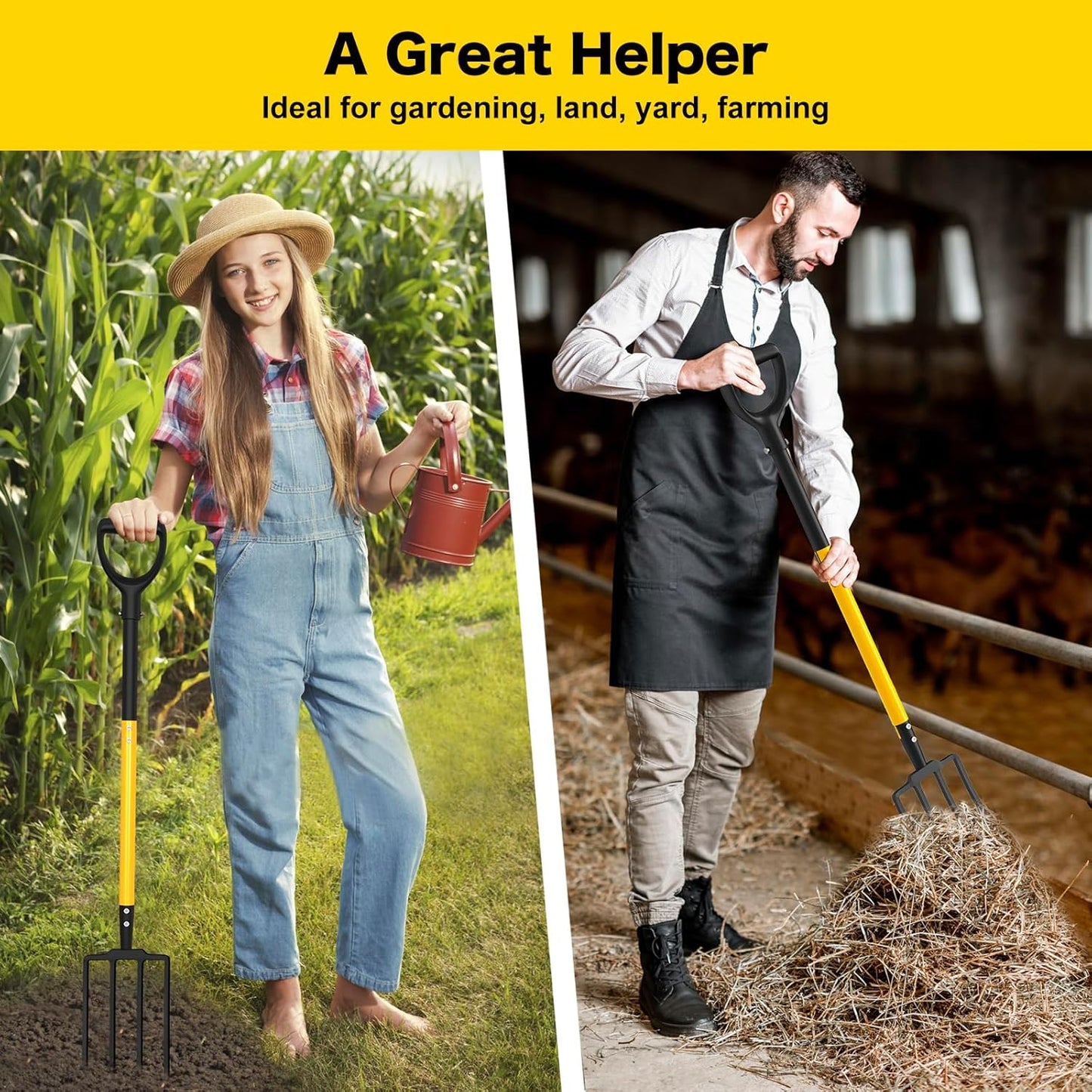 Pitch Fork, 4 Tine Heavy Duty Garden Fork with Ergonomic No-Slip D-Grip Handles, 45 Inches Long Handle Spading Fork, Perfect for Gardening Digging, Land Management, Yard work, Farming (Black)