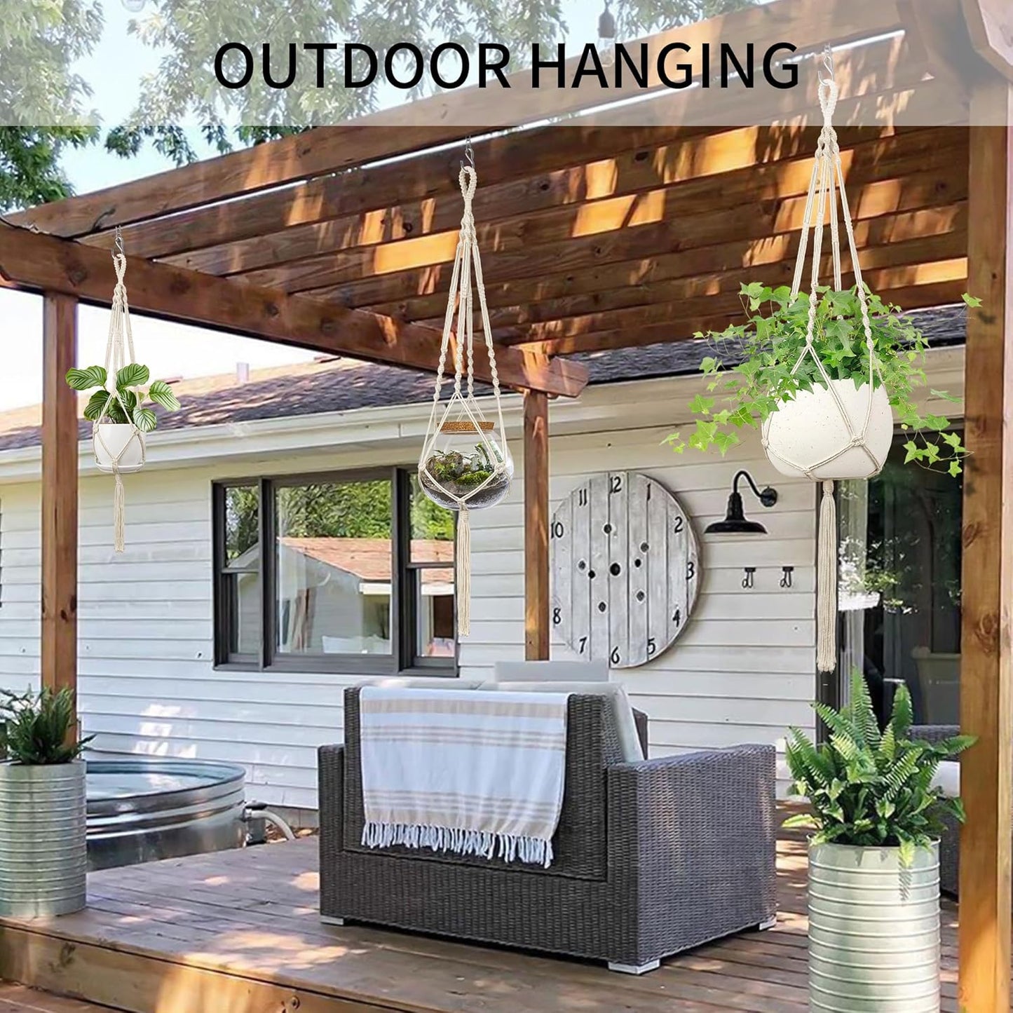 Macrame Plant Hanger, 34"/41"/46" 3 Sizes, Hanging Planters for Indoor Outdoor Plants, Flower Pot Holder with Wood Beads & Tassels for Boho Home Decor, 3 Pack, Ivory