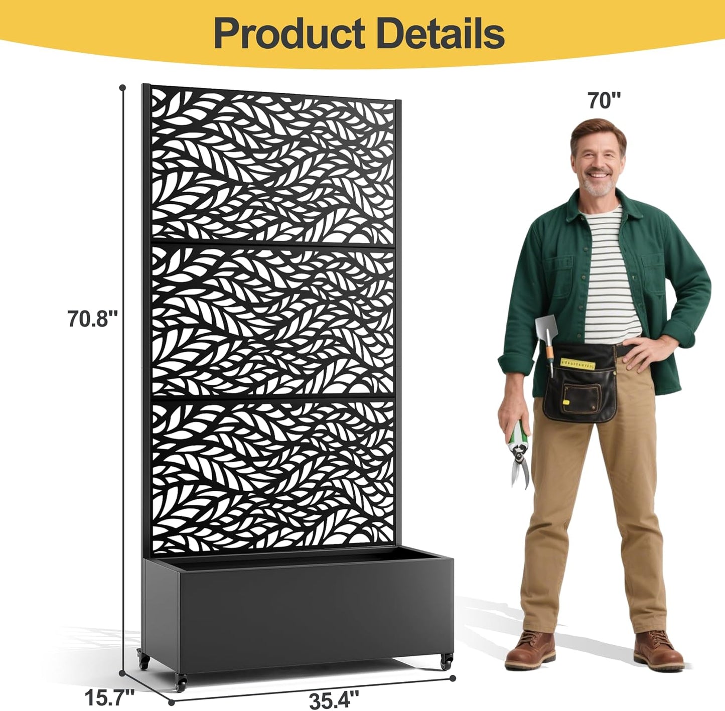 Raised Garden Bed with Trellis and Wheels,73"x35"x16" Metal Raised Garden Bed,Black Flowing Leaf Metal Planter with Climbing Trellis for Vines & Vegetables