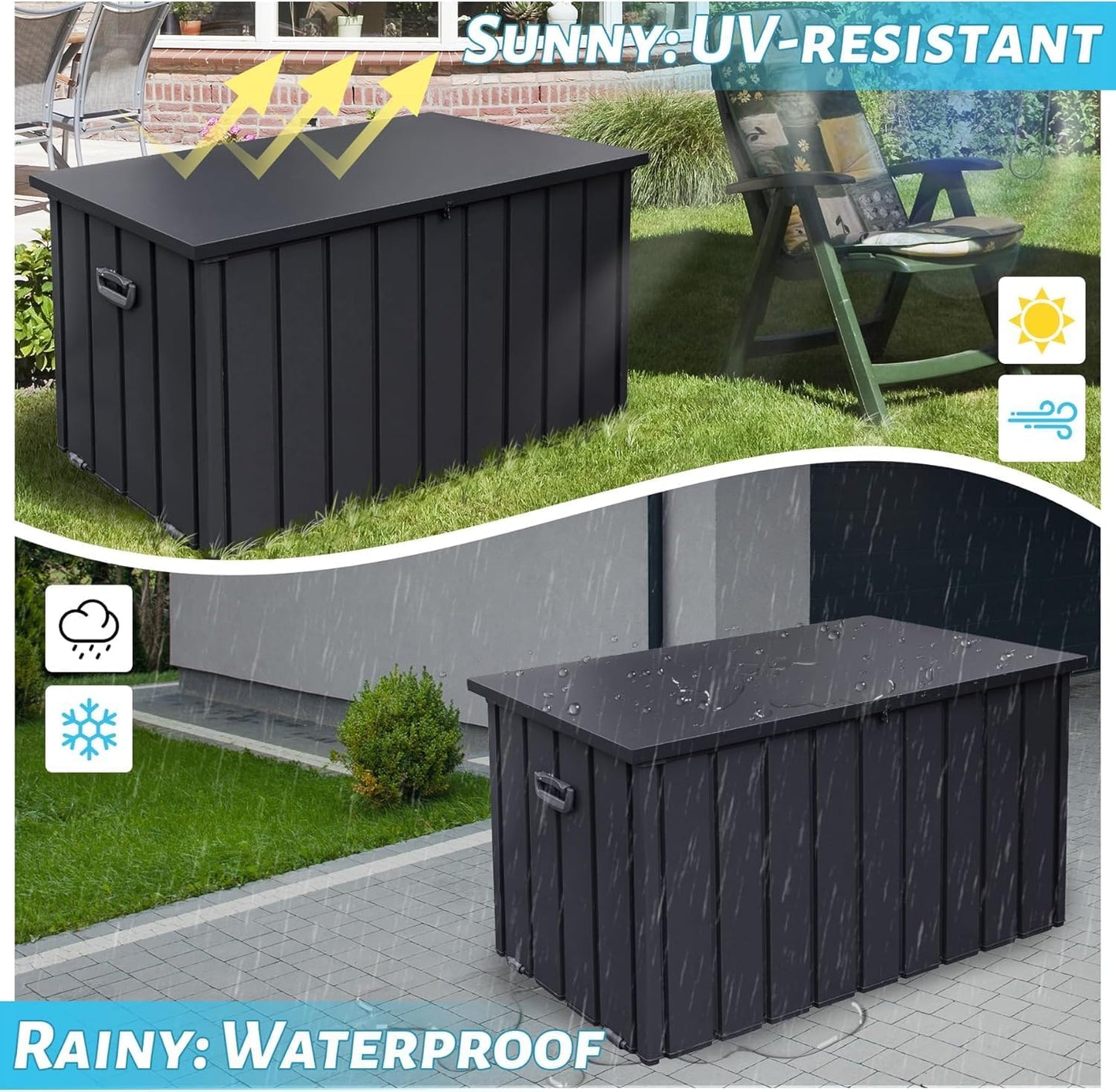 Metal Outdoor Storage Box, 150 Gallon Waterproof Deck Box for Patio Cushion, Outside Storage Cabinet Rust/UV Resistant, Lockable Garden Tool Storage Bin for Porch Package Delivery, Grey