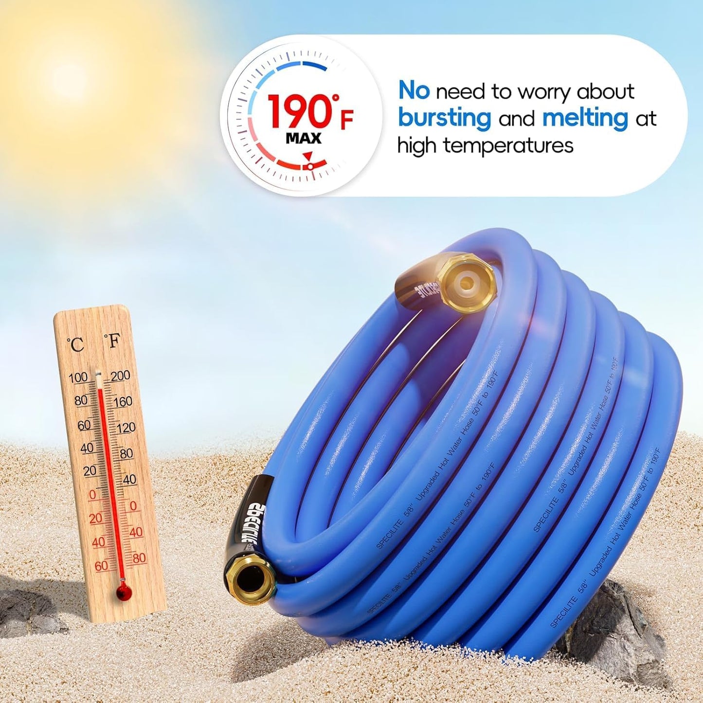 Hot/Cold Garden Water Hose 200 ftx 5/8 in, -50℉ To 190℉, Heavy Duty, Flexible, Burst 605 Psi, Lightweigh, Upgraded Rubber Pipe with 3/4" Brass Fittings For Backyard, Outdoor, Farm, Blue