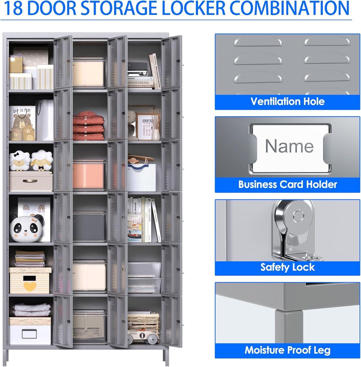 METAN Metal Locker for School Office Gym Bedroom, 18 Doors Steel Storage Locker Cabinet for Employees, Industrial Storage Locker, Assembly Required (18 Door-Grey)