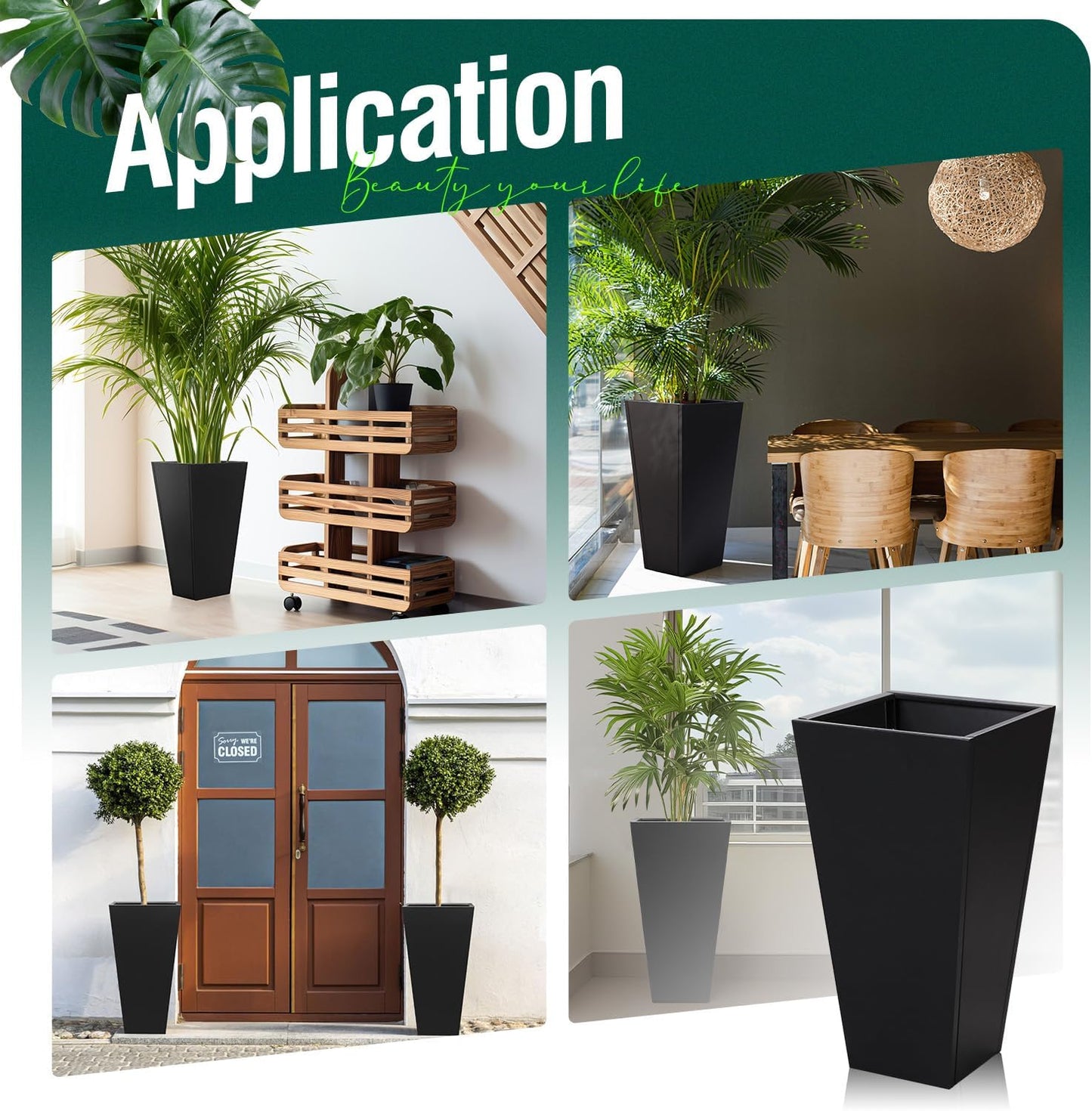 Tall Tapered Planter Front Porch Metal Flower Plant Pot Black 26 in Indoor Outdoor Galvanized Steel Modern Planter for Garden Patio Grande Plant Tree Commercial Residential