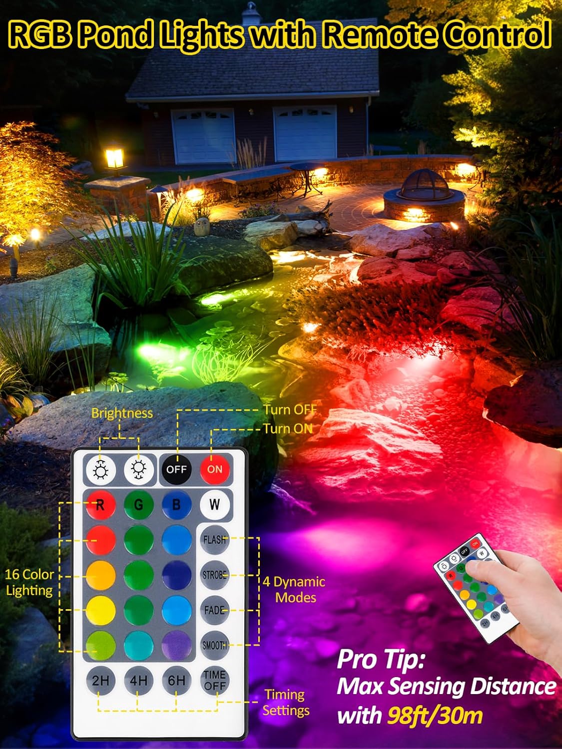 T-SUN Color Pond Lights with Timer, Bright LED Underwater Pond Light Submersible Fountain Lights for Fish Tank Remote Control IP68 Waterproof Landscape Spotlights for Garden Koi Pond Aquarium(6-Head)