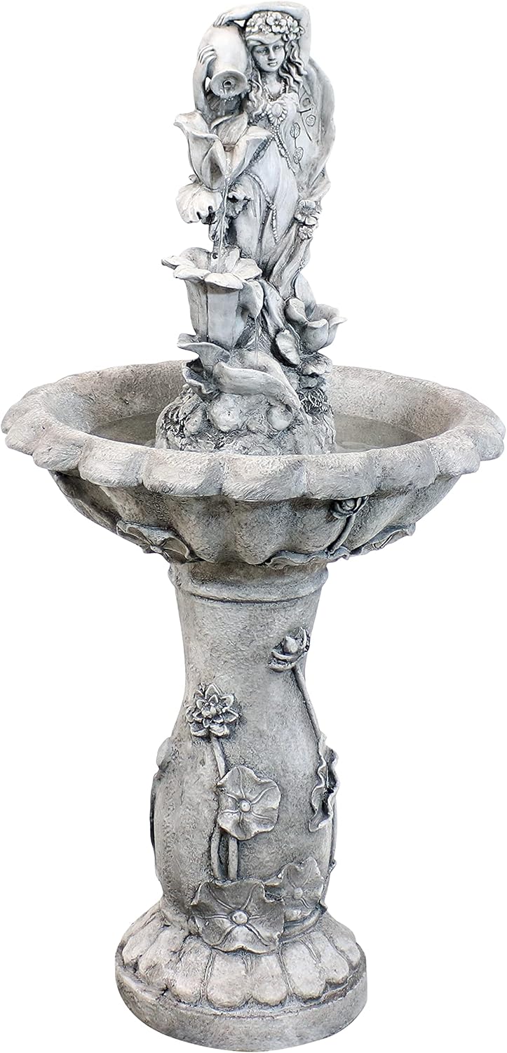 Sunnydaze Fairy Flower Solar Water Fountain - 42-Inch Outdoor Water Feature with LED Light - for Garden, Patio, Decks