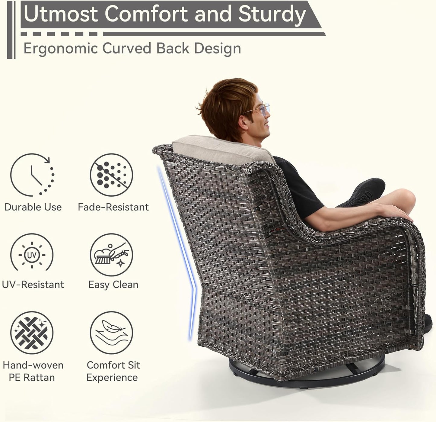 2 Pieces Outdoor Swivel Rocker Patio Chairs Set - Outdoor Wicker Patio Conversation Sets with 1 Side Table, Olefin Fabric Cushions Suitable for Backyard Deck and Porch, Beige