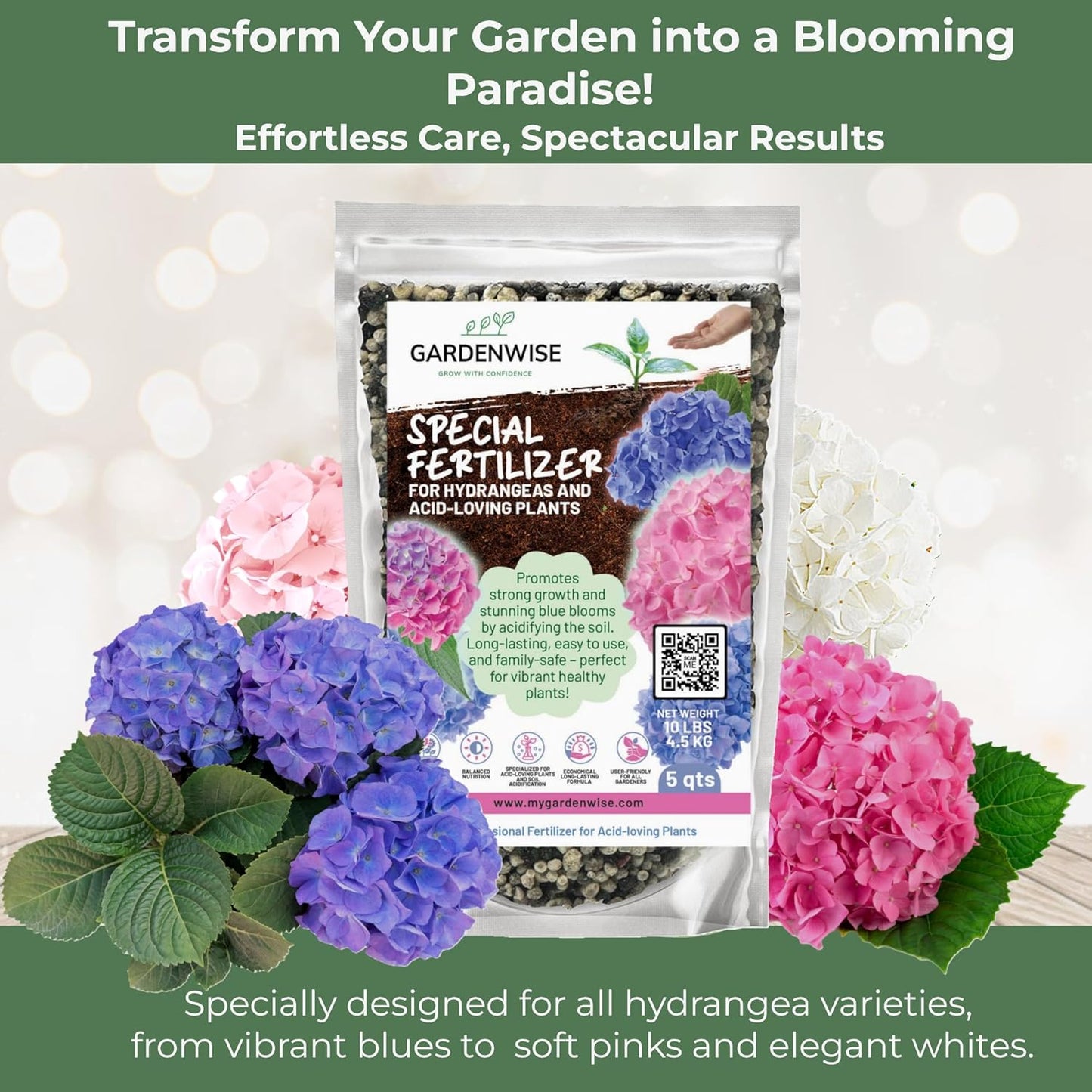 Slow Release Hydrangea Fertilizer with Iron & Sulfur – Indoor & Outdoor Soil Acidifier for Miracle Growth (1 qt)