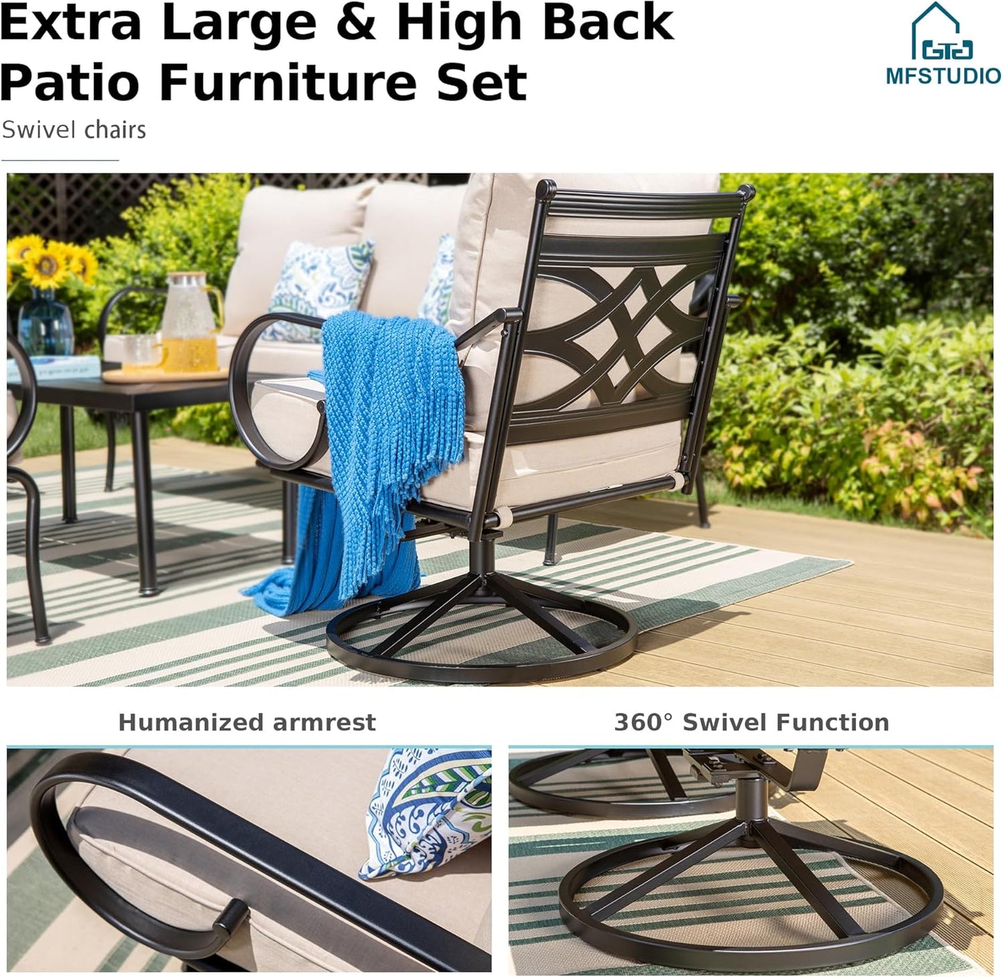 MFSTUDIO 7 Seats Large Metal Patio Conversation Sets, 5 Pieces Outdoor Furniture Sofa with 2 Swivel Chairs, 1 Sofa(3-seat), 1 Loveseat and Table for Outside Balcony Backyard Poolside