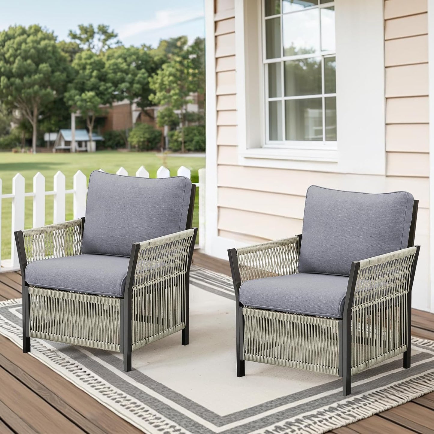 2 Pieces Wicker Bistro Set Chairs Patio Porch Furniture Sets, All-Weather PE Rattan Outdoor Conversation Set for Porch, Deck, Poolside, Bistro Chair Set with Removable Cushion-Beige