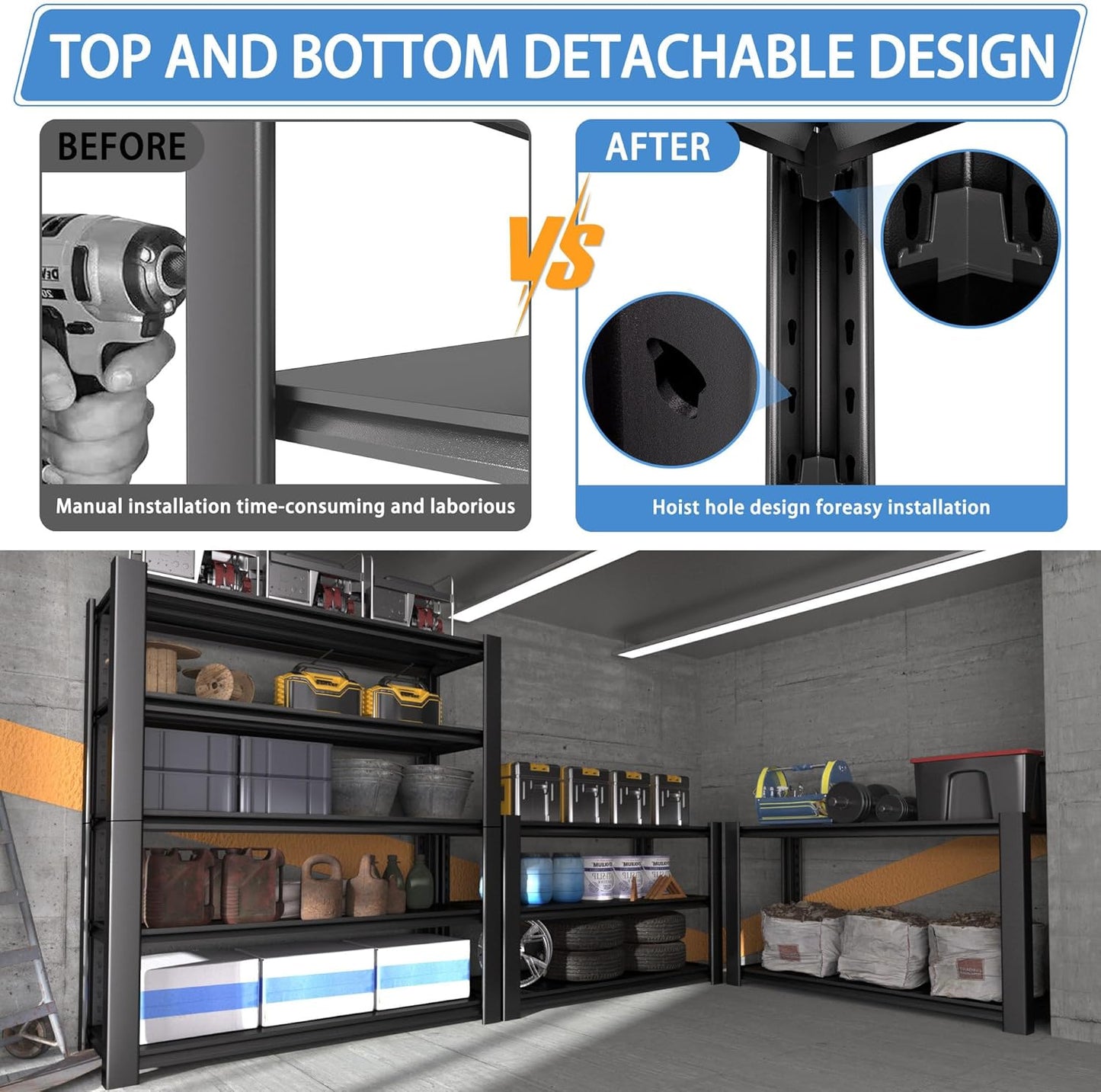 5-Tier Garage Shelving Heavy Duty, 3000 LBS Capacity Metal Storage Rack 76" H x 60" W x 24" D, Adjustable Shelves Unit for Garage, Warehouse, Basement, Pantry, Workshop.2 Pack