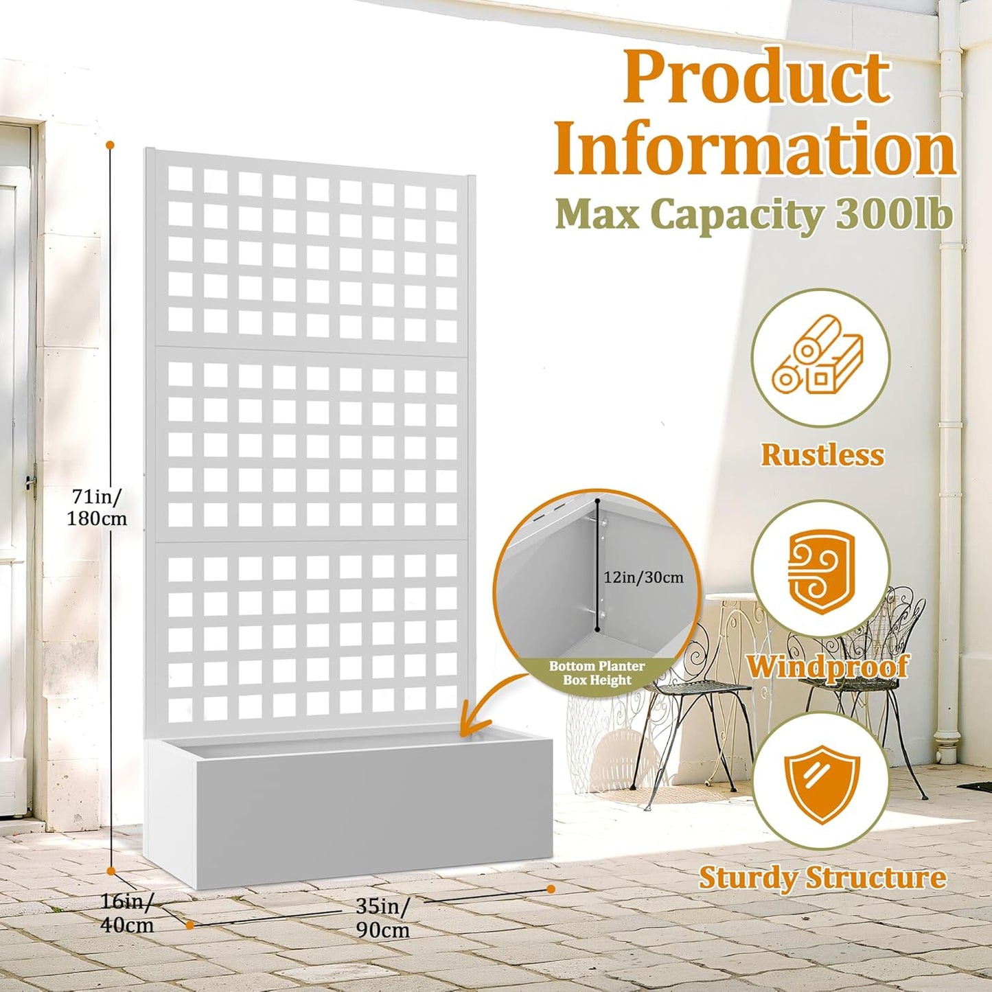 Metal Planter Box with Trellis, Heavy-Duty Raised Garden Bed for Climbing Plants, Drainage Hole, Outdoor Planter Box with Privacy Screen，35''L×16''W×71''H