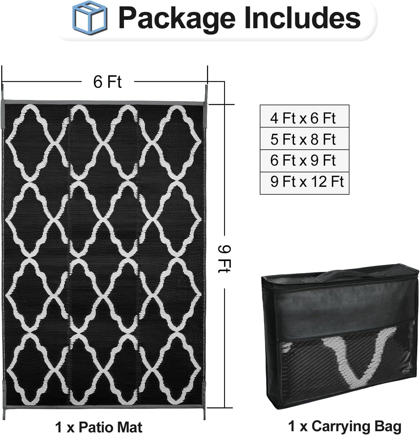 OutdoorLines Outdoor Plastic Area Rugs for Patio 6x9 ft - Reversible Outside Carpet, Stain & UV Resistant RV Mats, Straw Rug for Camping, Deck Garden, Porch and Balcony, Moroccan Black & Light Grey