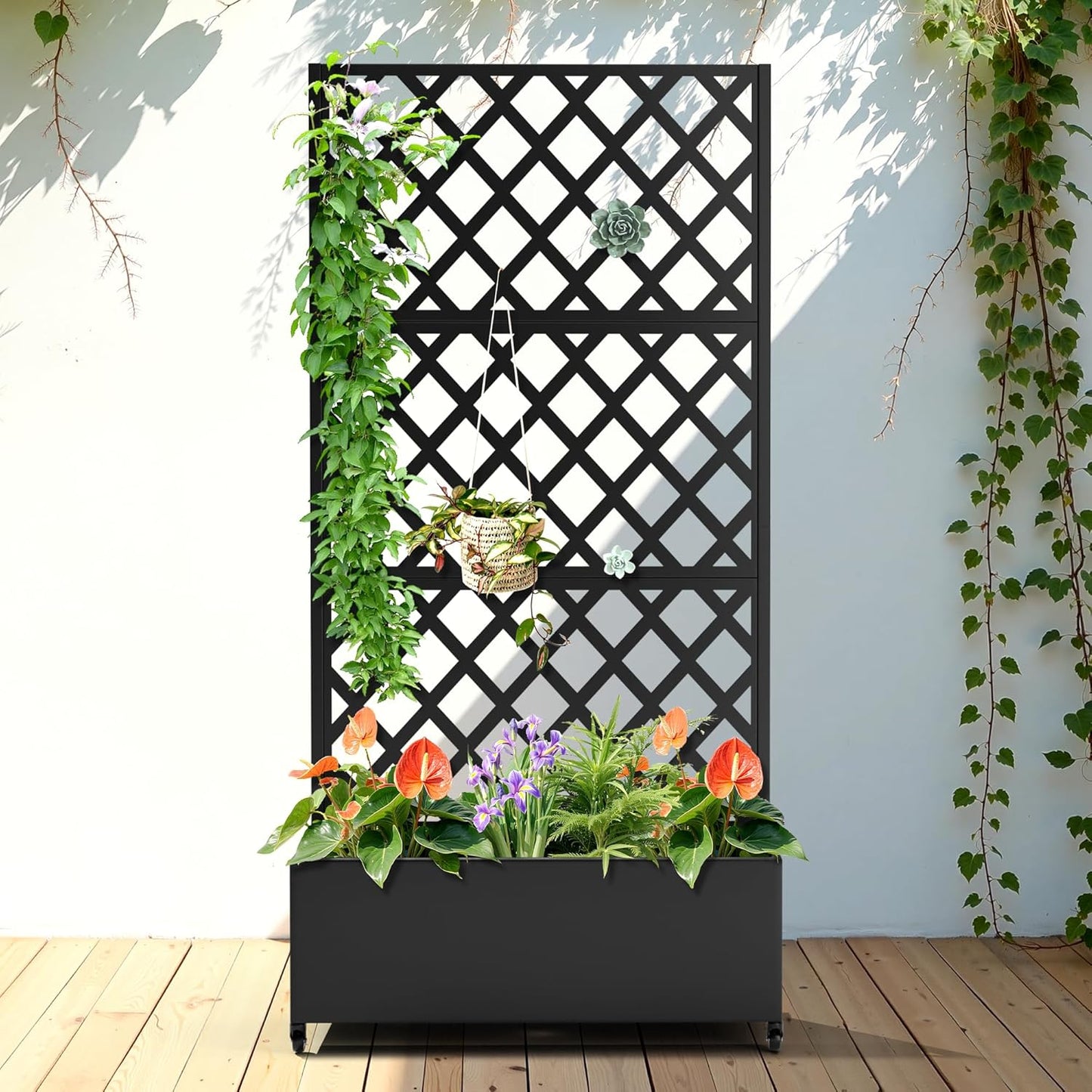 FENCY Metal Planter Box with Diamond Lattice Trellis Planter Box for Climbing Plants/Vines, Galvanized Raised Garden Bed On Wheels, Garden Bed with Trellis(73"x35" Black)