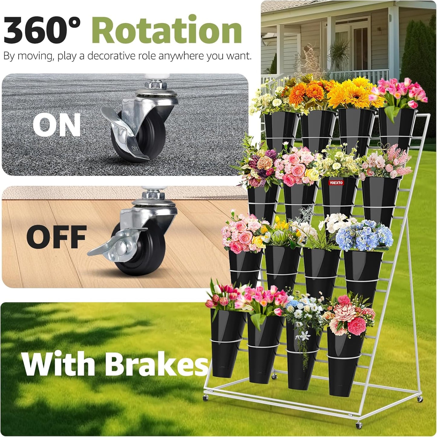 Flower Display Stand 4 Layers with 16 PCS Round Buckets, Plant Stand with Wheels, Movable Metal Plant Stand for Terrace Garden, Florist Shop