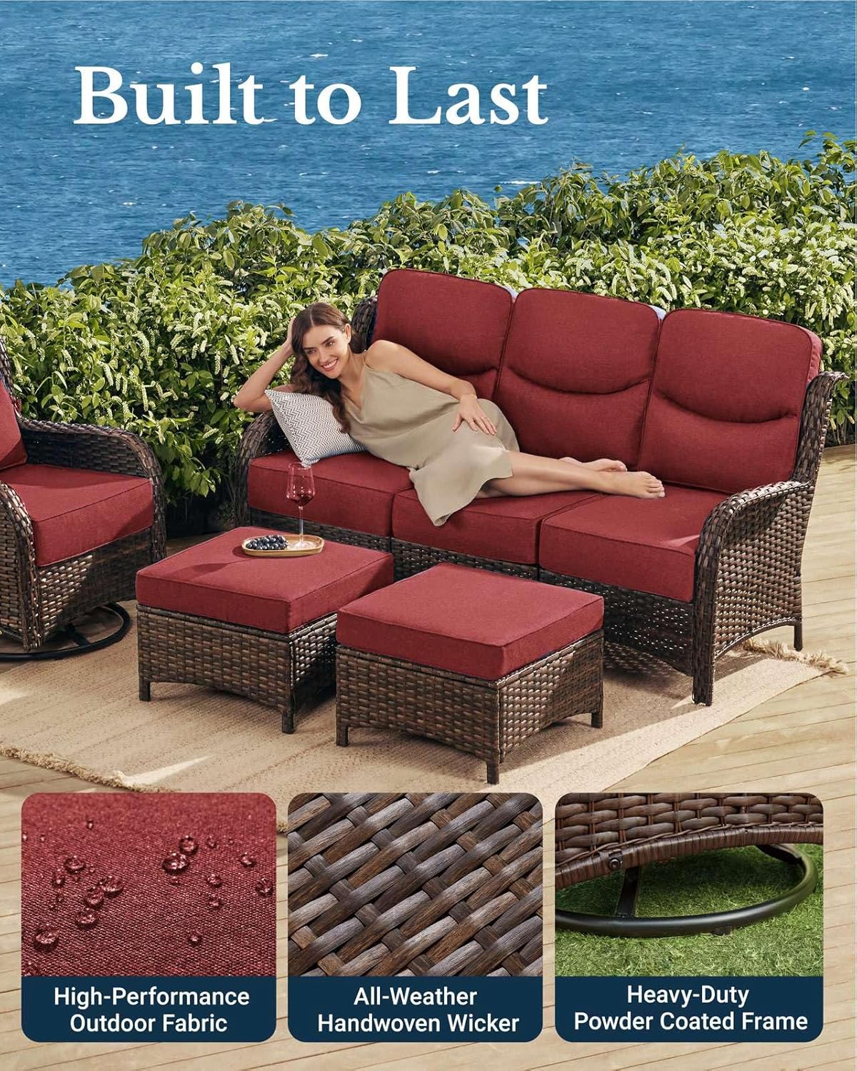 HILLGA Luxury Patio Furniture Set with 6-inch Thick Cushion, Outdoor Couch and High Back Swivel Rocker Patio Chairs, 8PCS Wicker Conversation Set for Deck Yard and Poolside, Burgundy (V2)