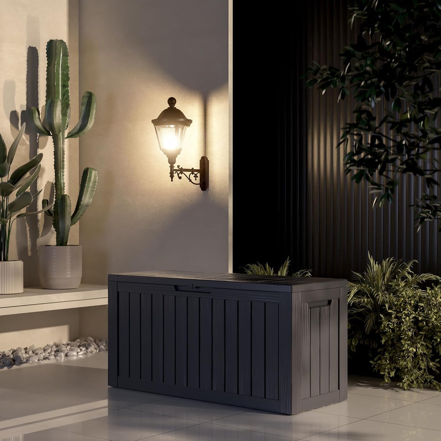 80 Gallon UV Resistant Outdoor Storage Box Waterproof, Lockable Resin Deck Box for Garden Tools, Sports Equipment and Cushions, Black