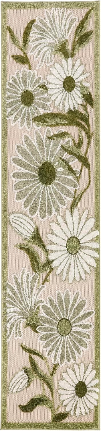 Nourison Home Aloha Indoor-Outdoor Ivory Green 2'3" x 8' Area Rug, Easy-Cleaning, Non Shedding, Bed Room, Living Room, Dining Room, Backyard, Patio, Deck (2x8)
