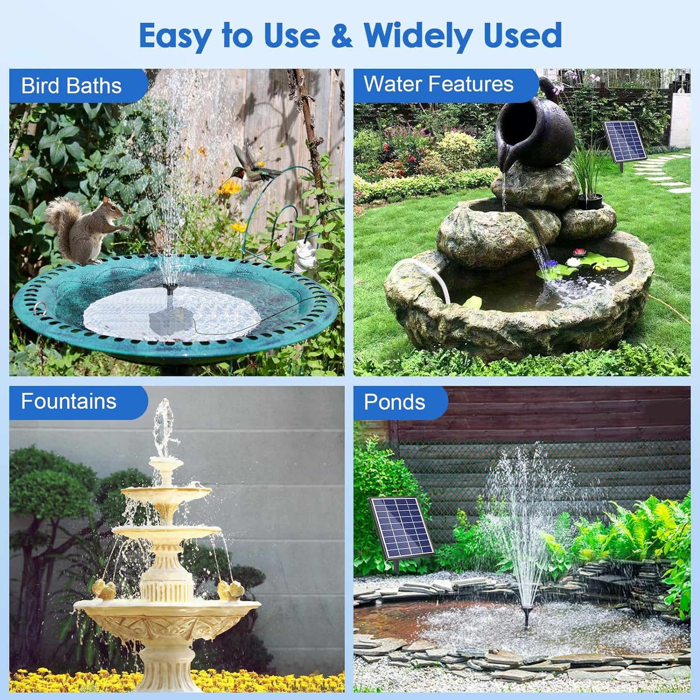 POPOSOAP Solar Fountain Pump for Bird Bath, 6.5W Solar Water Fountain Pump with Upgraded Dry-run Protection & Double-layer Nozzles 5Ft Tubing for Pond, Bird Bath, Backyard Water Feature