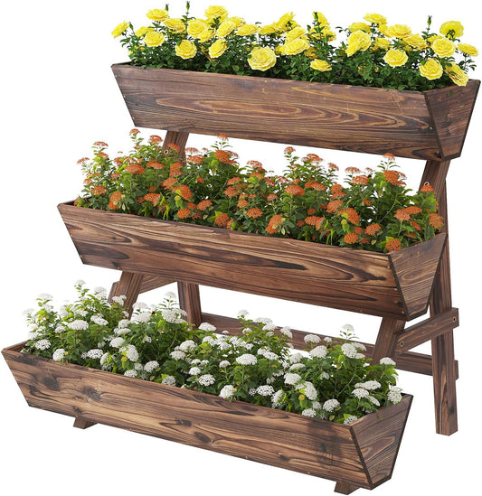 3-Tiers Wooden Raised Garden Bed Tiered Planter Box Vertical Garden Planter Wood Plant Stand for Patio, Balcony, Freestanding (Carbonized L)