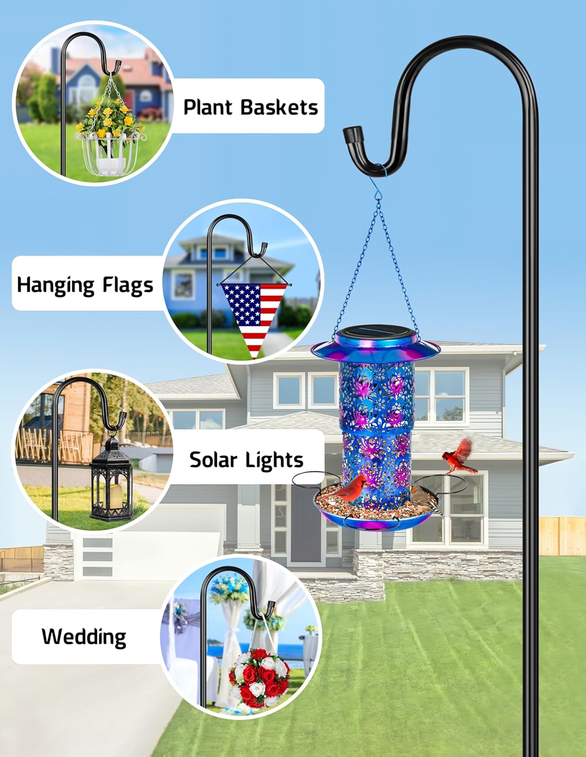 XDW-GIFTS Bird Feeder Pole for Outdoor, 2-Pack 76 Inch Shepherds Hooks Heavy Duty Garden Pole for Hanging Plant Basket, Solar Light Lanterns, Garden Plant Hanger Stands with 5 Base Prongs