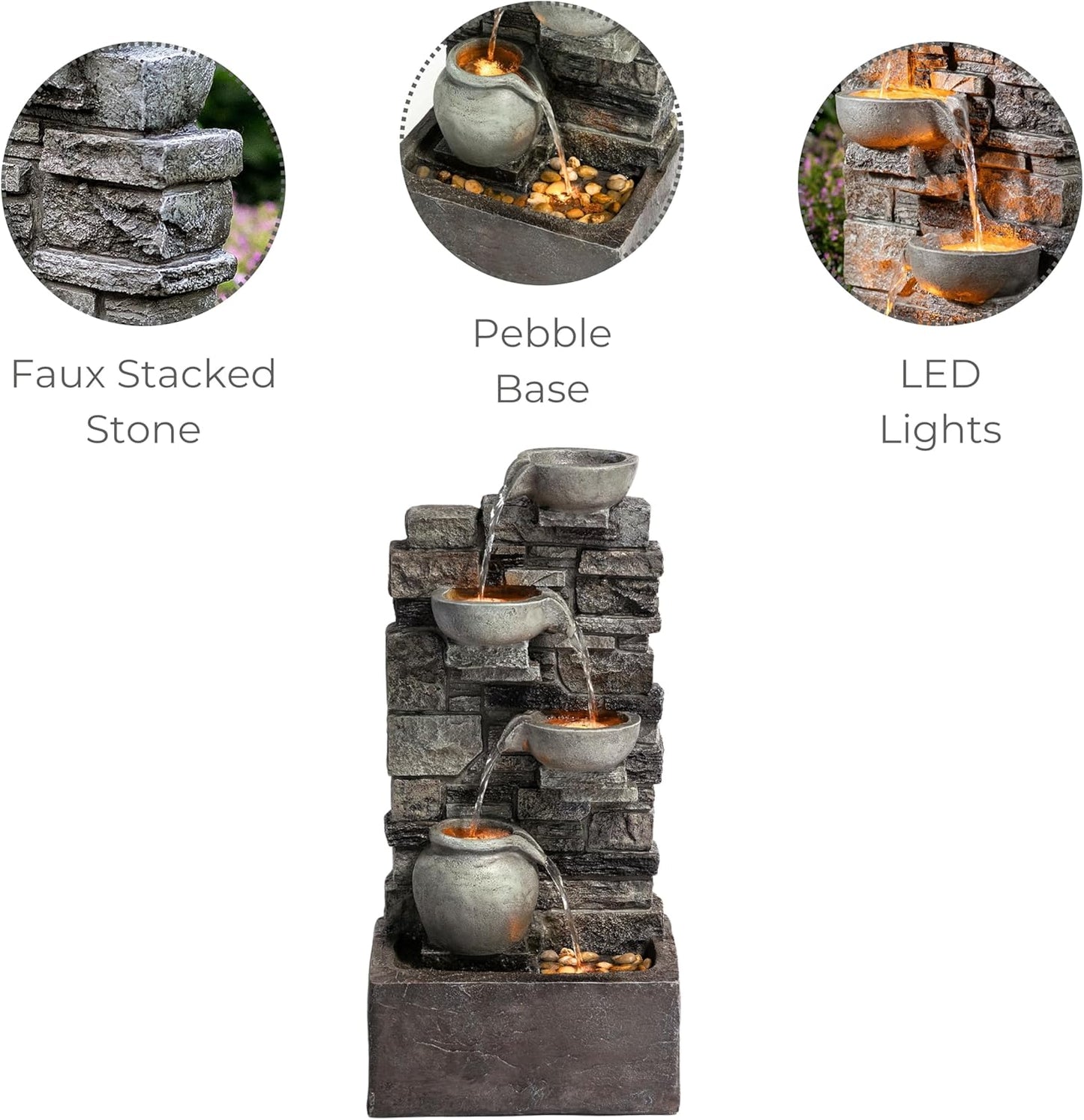 Teamson Home 28.5" Outdoor 4-Tier Stacked Stone Cascading Water Fountain with LED Lights, Gray