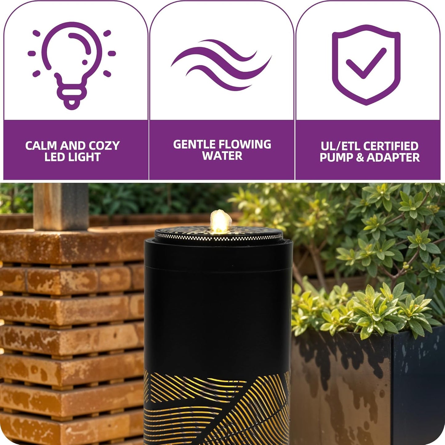 23.6" H Modern Metal Cutout Geometric Patterns Outdoor Water Fountain with LED Lights, Black Bird Bath Garden Fountain, Soothing Water Flow Creates Tranquil Ambiance for Patio, Deck, Porch Décor