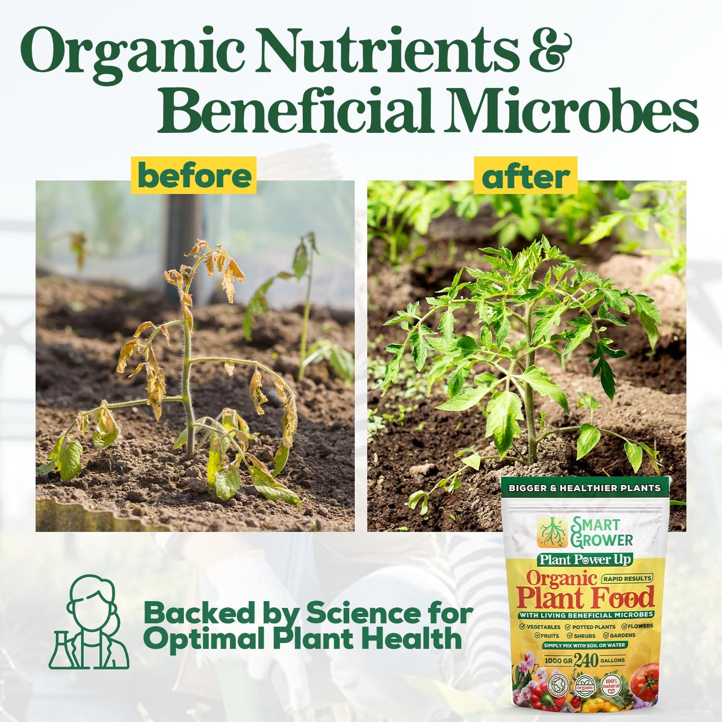 Organic Plant Food with Beneficial Microbes, Fast Acting Vegan Fertilizer for Vegetable Garden, Outdoor & Indoor Plant Fertilizer, Miracle Growth for Plants Concentrated Value 125GR Makes 30 gallons